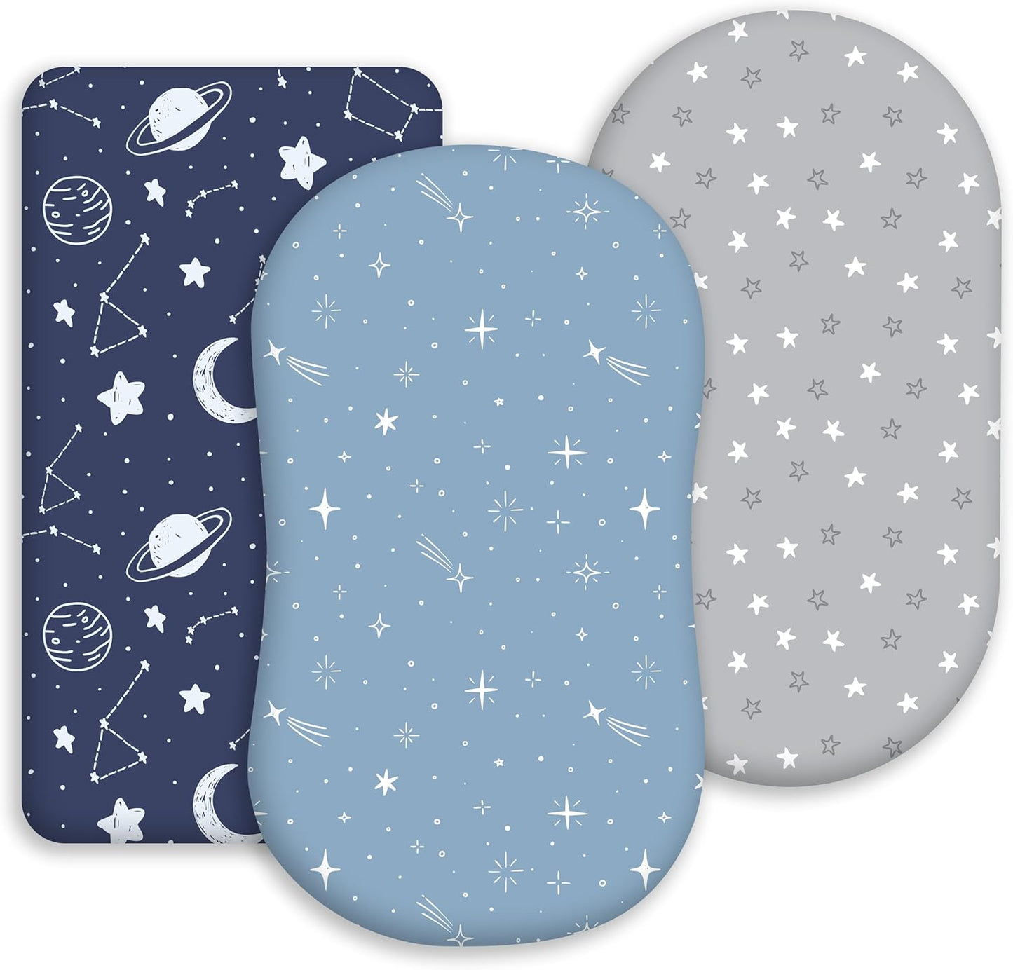 Baby Bassinet Sheets 3 Pack, Fitted Cradle Sheets for Boys & Girls, Ultra Soft Breathable 32" x 16", Universal Fit for Rectangle Round Oval Hourglass Mattress (Blue Gray Planet)