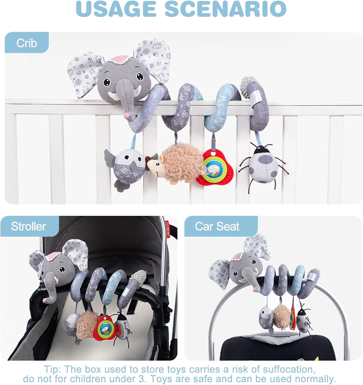 Jollybaby Crib Stroller Car Seat Toys for Baby 0-3-6-9-12 Months, Tummy Time Hanging Sensory Toys for Newborn with Music Box and Teether, Spiral Carseat Toy for Boys Girls Gifts (09-Sz Gray Elephant)