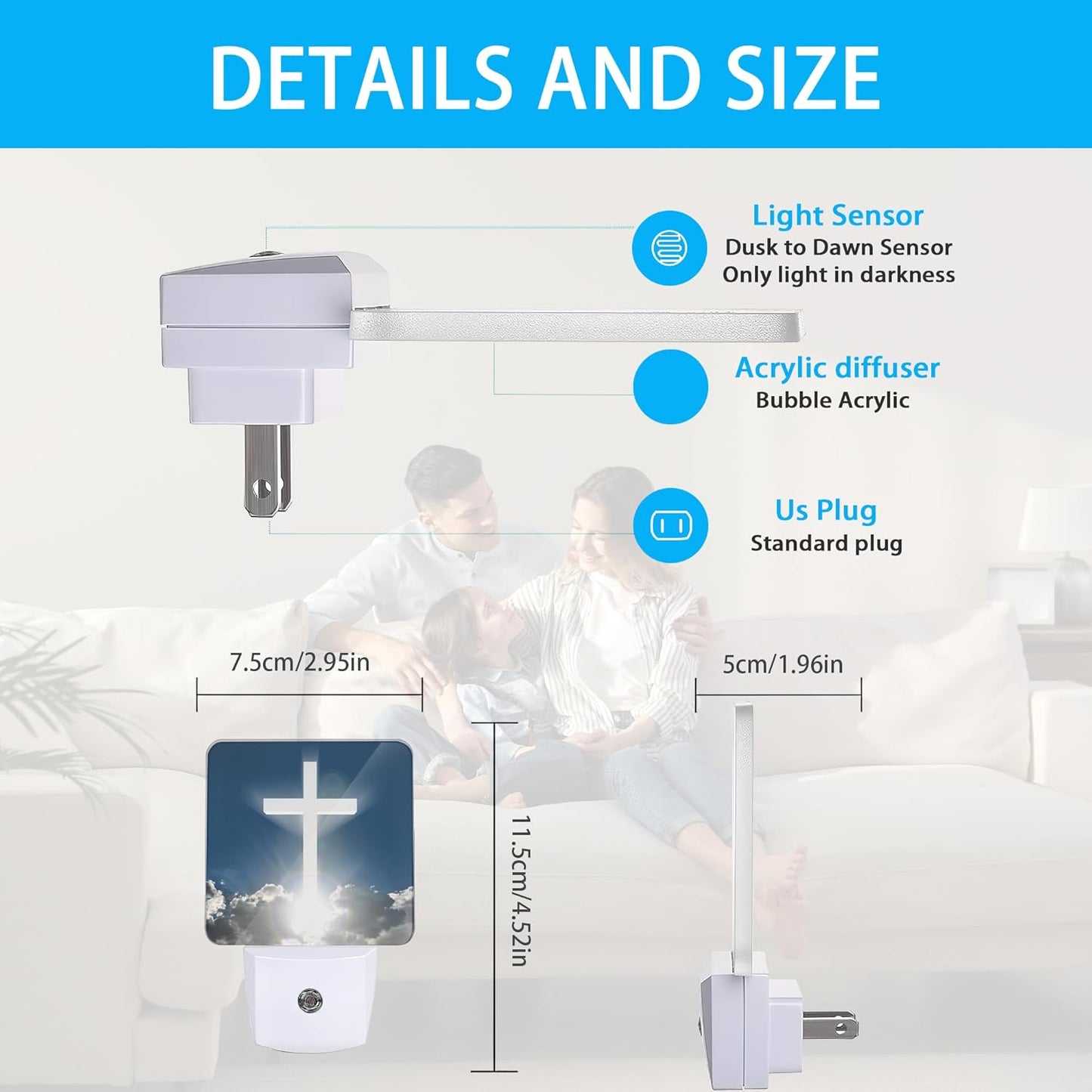Blessed Night Light,White Cross in Heaven Night Lights Plug into Wall Dusk to Dawn Sensor Led Lamp for Women Men,Led Lights for Stairway/Hallway/Bedroom,0.5W