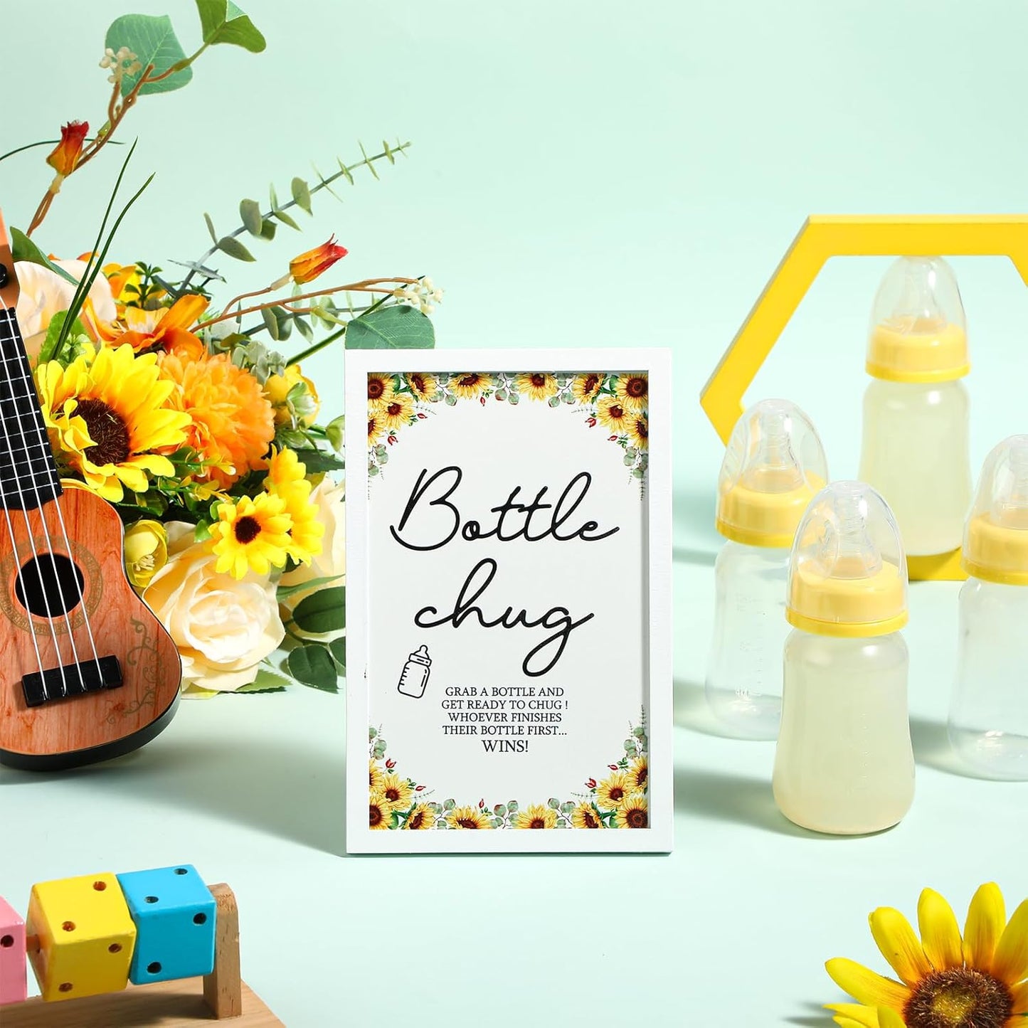 Roowest Bottle Chug Baby Shower Game Favors Including Sunflower Theme Wooden Sign and 18 Pcs Baby Bottles for Gender Reveal Party Supplies