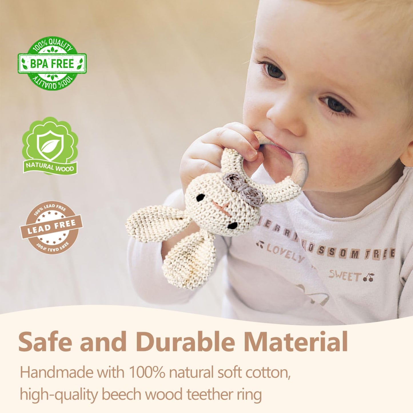 Wooden Baby Rattle, Handcrafted Crochet Bunny Rattles with Wooden Teething Ring, Beige Rabbit Newborn Toy Stuffed Animal Organic Rattle Baby Announcement Ideas Props
