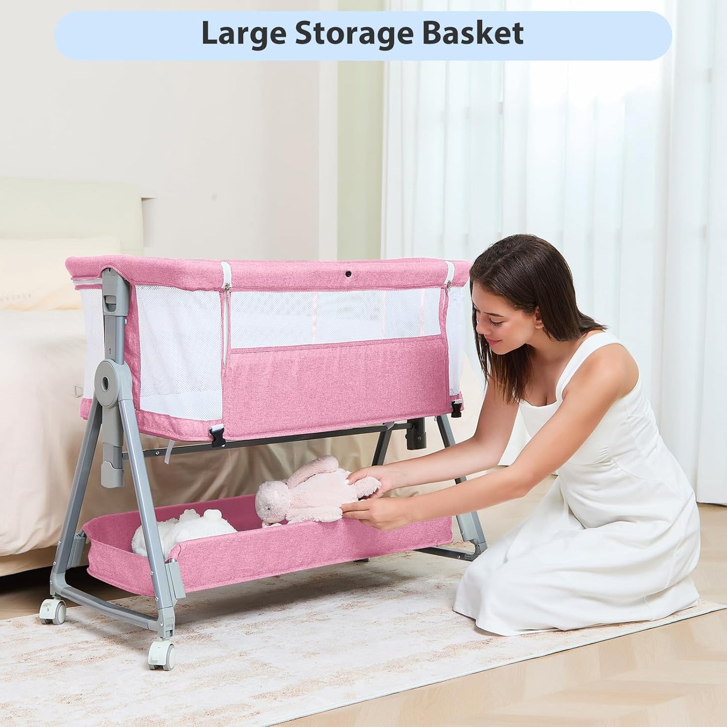 3-in-1 Baby Bassinet Bedside Sleeper with Wheels Bedside Bassinet for Newborn and Infant with Mattress and Storage Basket | Adjustable Height & Angle (13.5-18") | ASTM/CPSIA Certified (Pink)