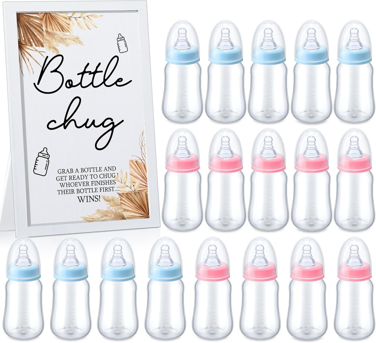 Roowest Bottle Chug Baby Shower Game Favors Including Boho Theme Wooden Sign and 18 Pcs Baby Bottles for Gender Reveal Party Supplies