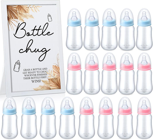 Roowest Bottle Chug Baby Shower Game Favors Including Boho Theme Wooden Sign and 18 Pcs Baby Bottles for Gender Reveal Party Supplies