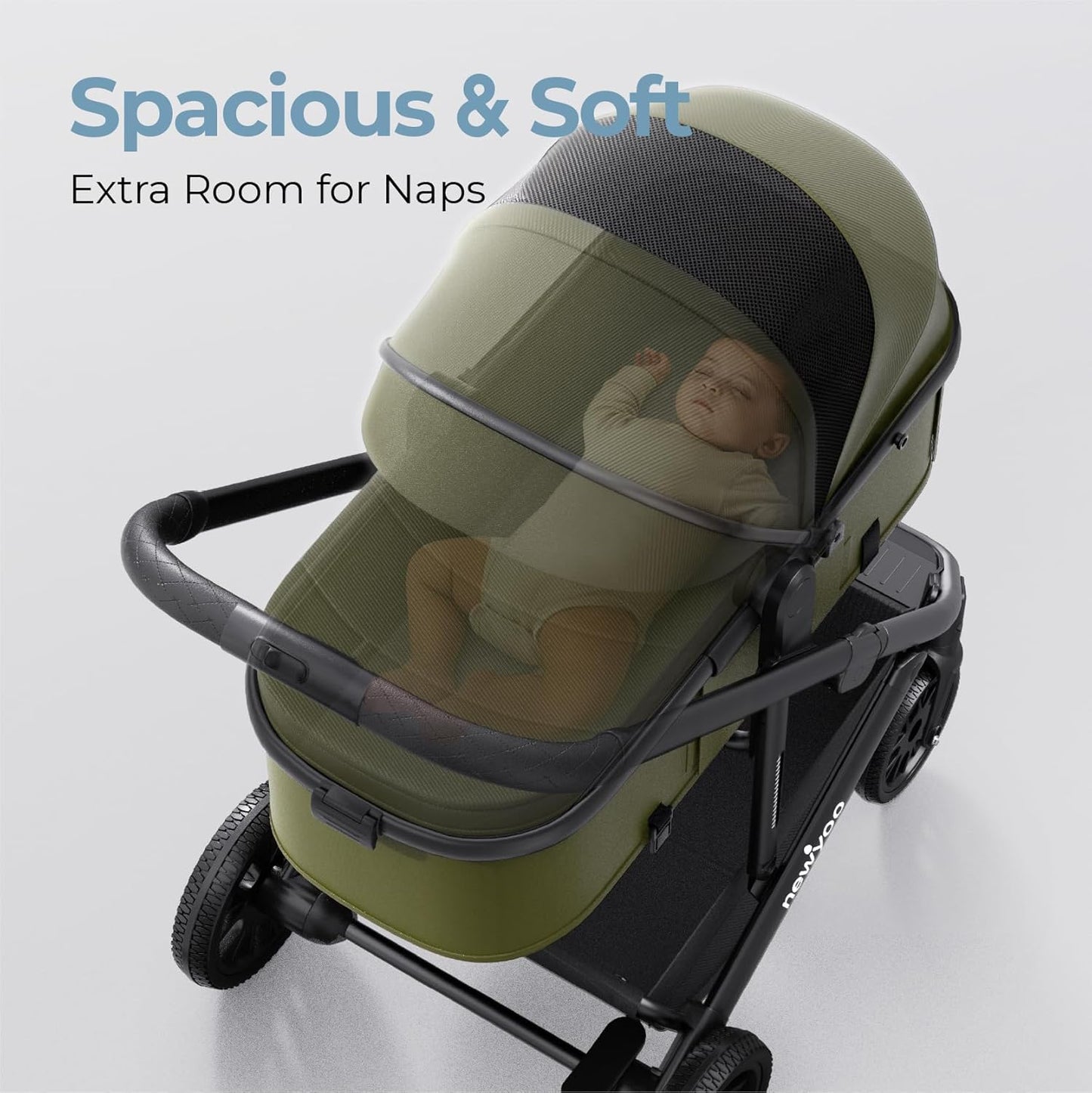 newyoo Bassinet Stroller for Newborn, Nestro 516M, Baby/Infant Strollers w Convertible/Reversible Seat & Cup Holder, Coches para Bebes, 2-in-1 Rear-Facing Pram, One-Hand Quick Fold, Green