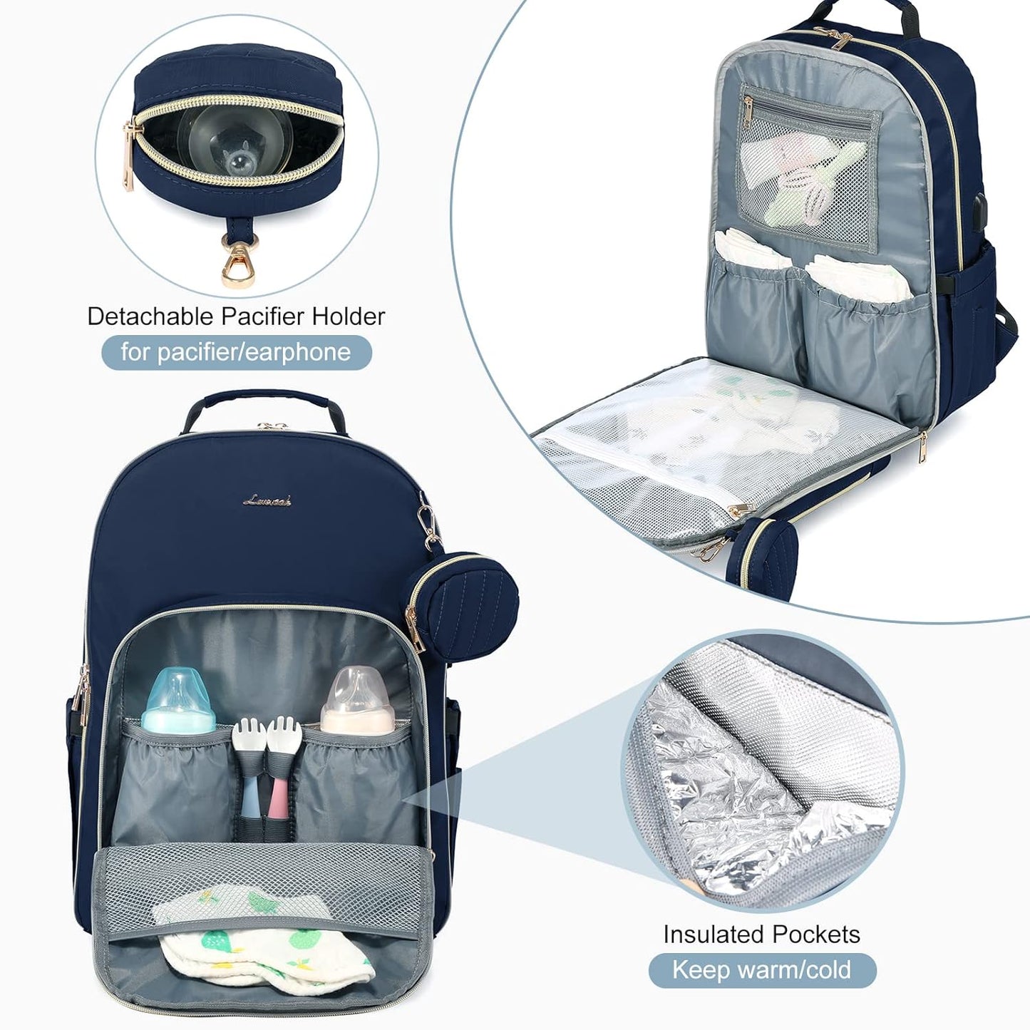 LOVEVOOK Diaper Bag Backpack, Quilted Baby Bag with Changing Pad & Pacifier Holder, Waterproof Travel Diaper Bags for Baby Boys Girls, Stylish and Large Capacity,Blue