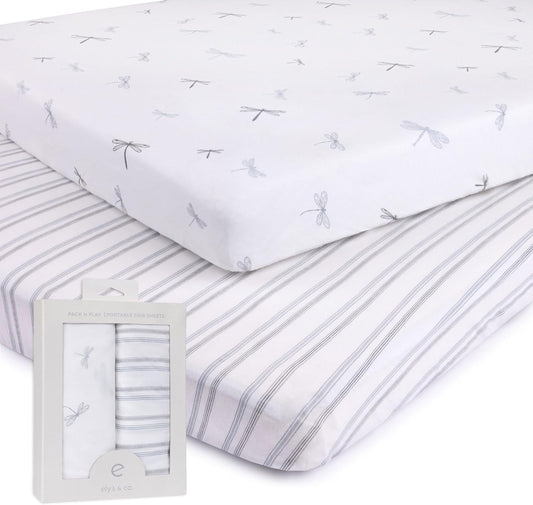 Ely's & Co. Pack and Play Sheets, for Mini/Portable Crib, 2 Pack Fitted Playpen Play Yard Sheet Set Compatible with Graco Pack n Play, for Baby Boys, 100% Cotton, 38”x24”x5” Blue Dragonfly + Stripes