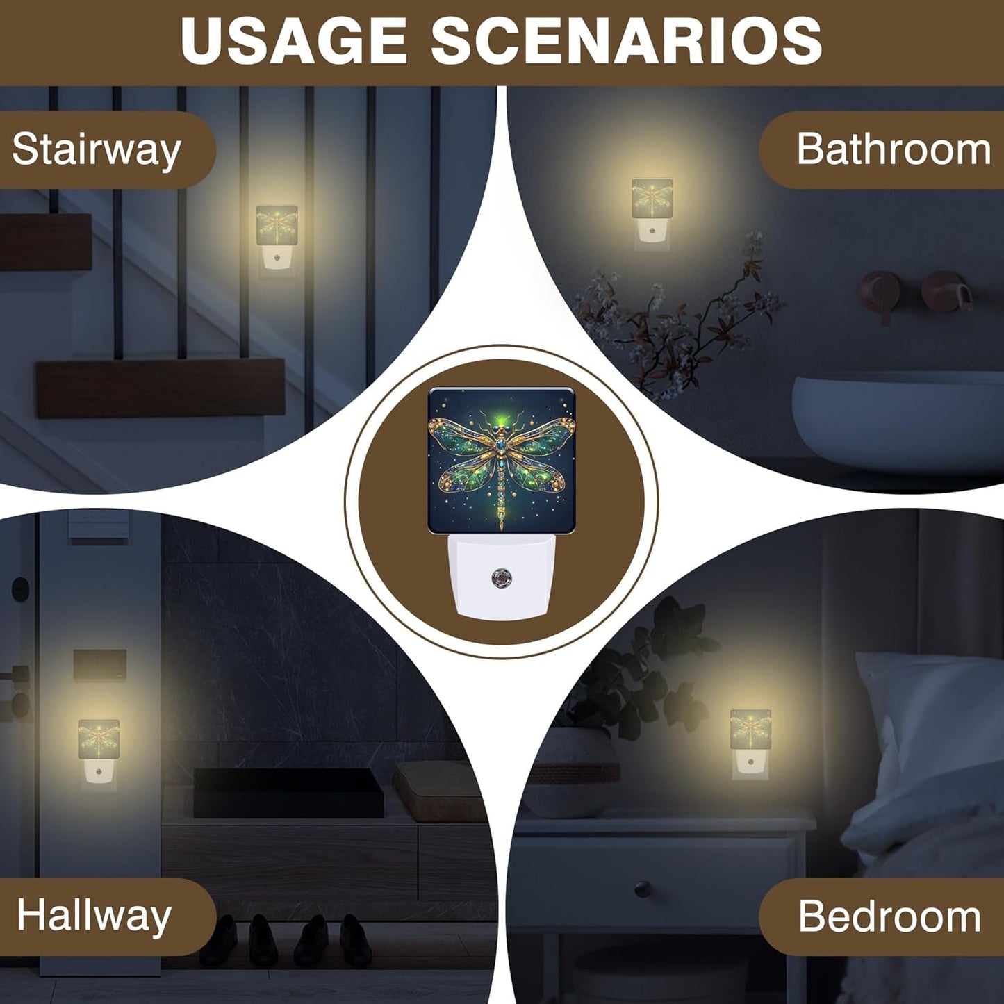 Golden Dragonfly Night Light, Plug-in Nightlight with Dusk to Dawn Auto Sensor for Home Bedroom Hallway Stairway Kitchen 0.5W Sleep Friendly Led Lamp for Women Men