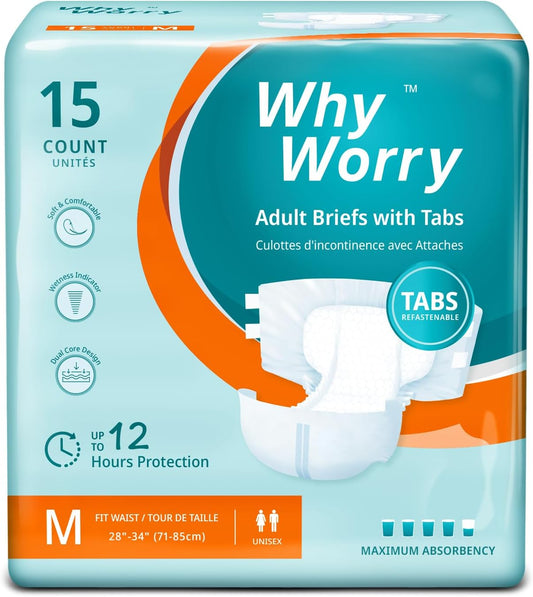WhyWorry Adult Diapers with Tabs, Disposable Incontinence Briefs for Women & Men with Maximum Absorbency, Adult Briefs for Incontinence Overnight, Odor Control, Unisex, Medium, 60 Count (4 Pack of 15)