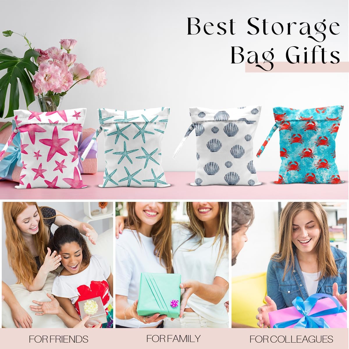 4 Pack Wet Bag for Swimsuit, Beach Travel Essentials Wet Dry Bag, for Sunscreen Toiletry Dirty Clothes Yoga Gym Diaper, Friend Summer Beach Vacation Gifts. Starfish, shells, crabs