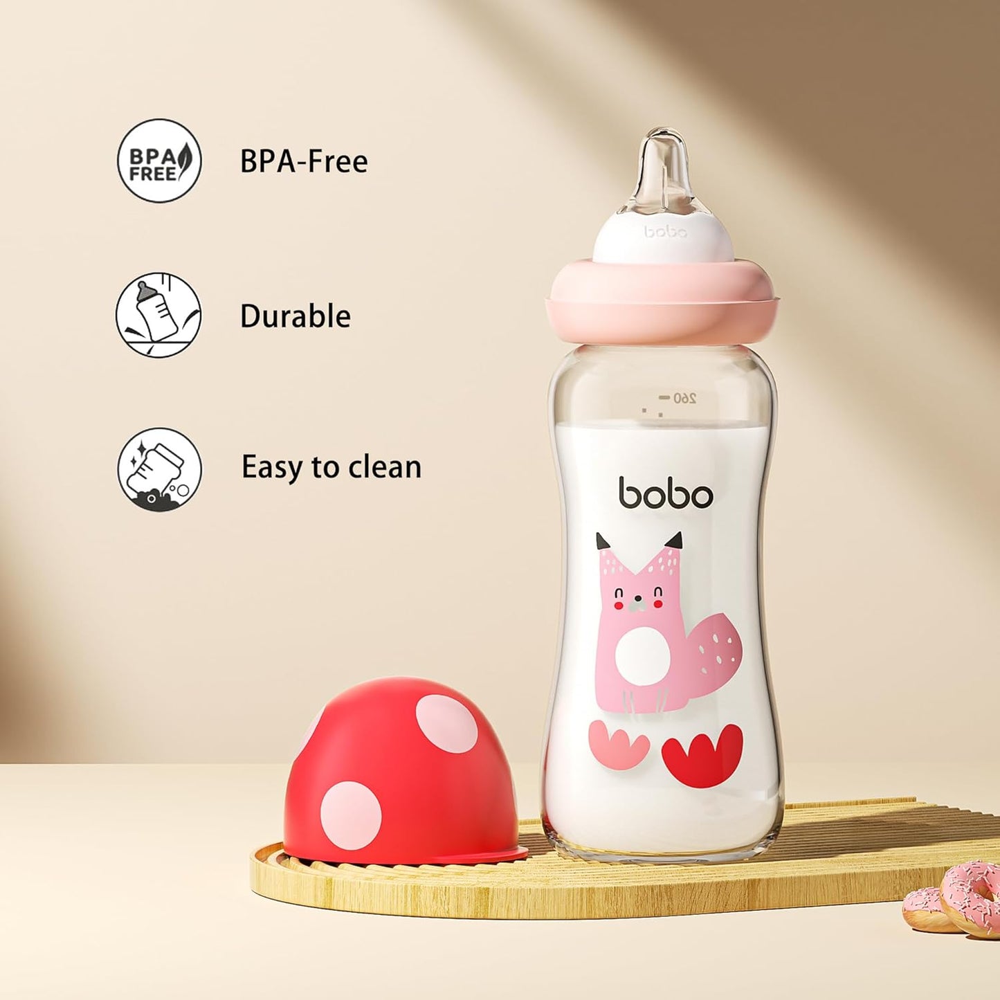 YOHKOH Natural Glass Baby Bottle with Natural Response Nipple, Newborn Anti-Colic Baby Bottles, Wide Neck Mushroom Cap Baby Bottle, Clear (8.8ounce (Pack of 4), Red2)