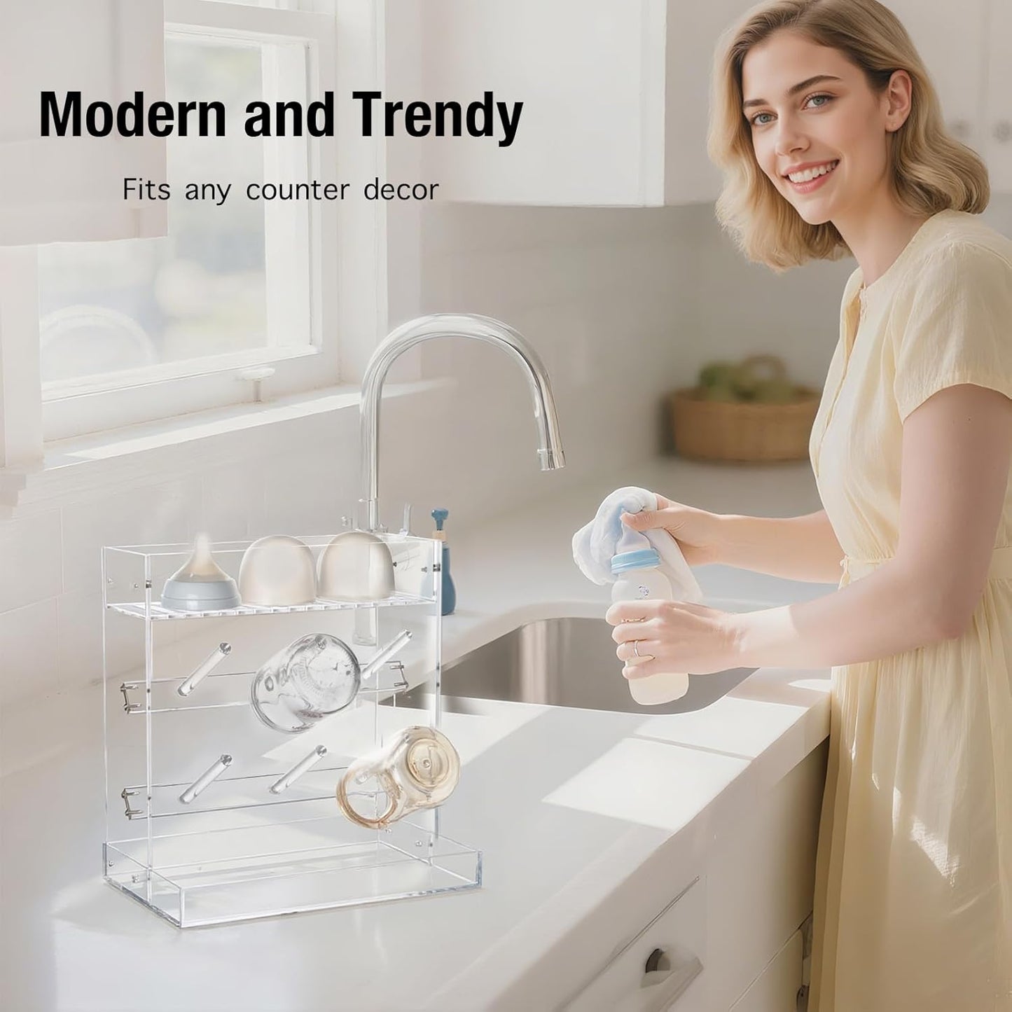 Vertical Baby Bottle Drying Rack, Acrylic Space Saving Baby Bottle Dryer Rack and Baby Accessories Oragnizer for Kitchen Countertop, Quick Drying, Easy Cleanup & Storage, Clear