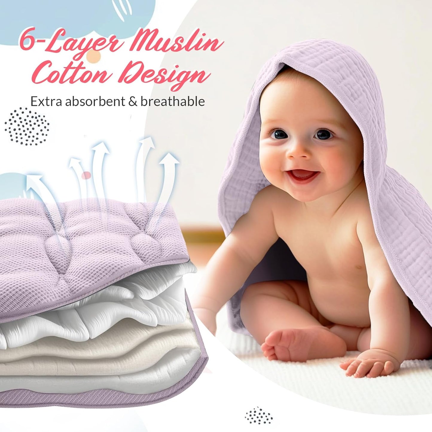 6 Pcs Muslin Hooded Bath Towels Washcloths and Bibs Set, Muslin Cotton Baby Towels Absorbent Hooded Blanket Towel Infant Bibs for Boys Girls Newborn Infant Essentials(Pink, Purple)