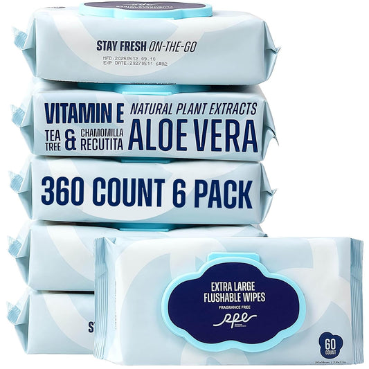 Flushable Wet Wipes - 6 Large Packs (360 Ct) - Unscented Extra-Large Body & Hand Tissue with Vitamin E & Aloe - For Adults, Children & Kids - Ideal for Home, Bathroom, Car & Everyday Hygiene