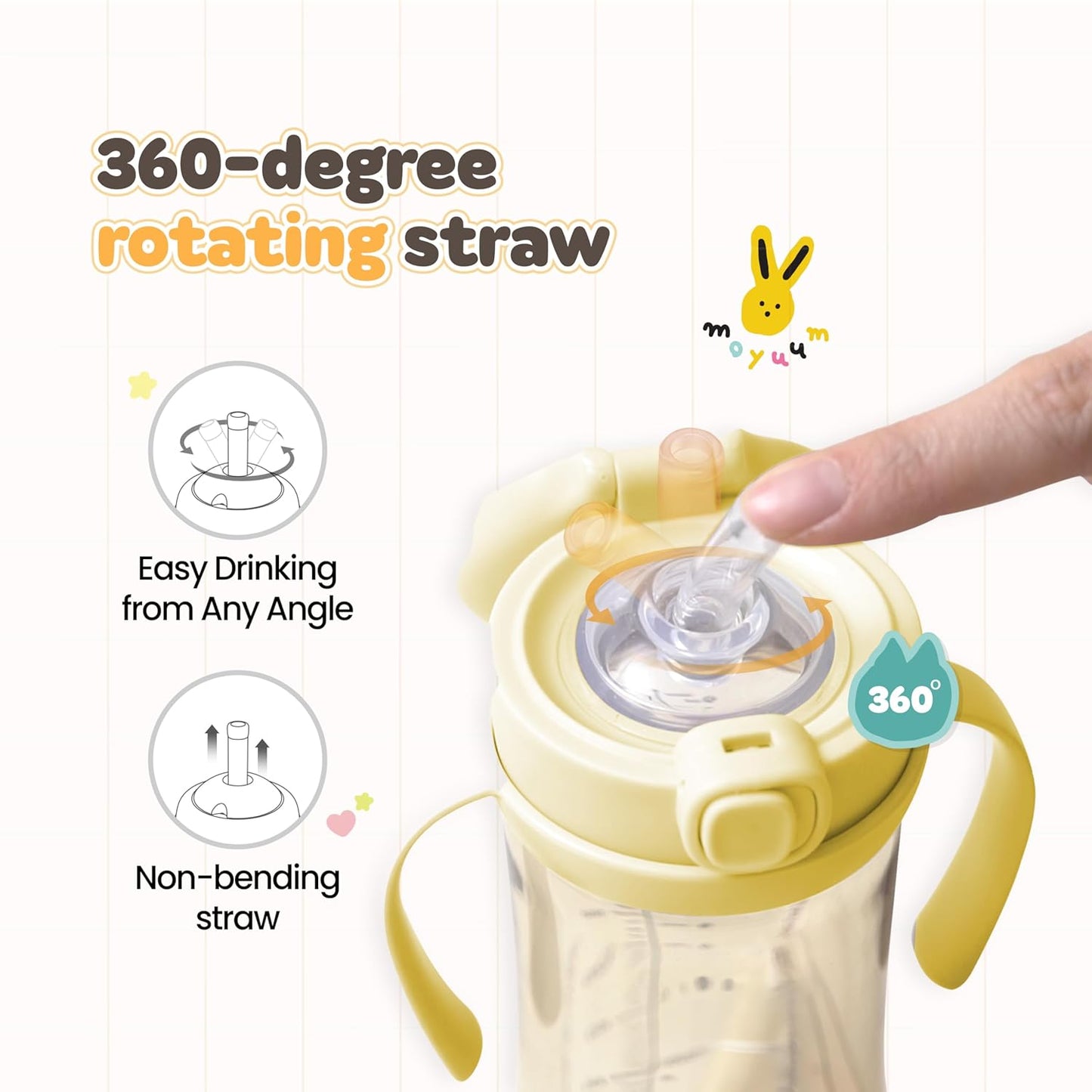 MOYUUM Leak Proof Sippy Cup with Handle | Made in Korea, 100% BPA Free PPSU, Magic No Spill Straw Cup with Attached Flip Top Lid, Easy to Hold for Babies and Toddlers, 9oz Yellow