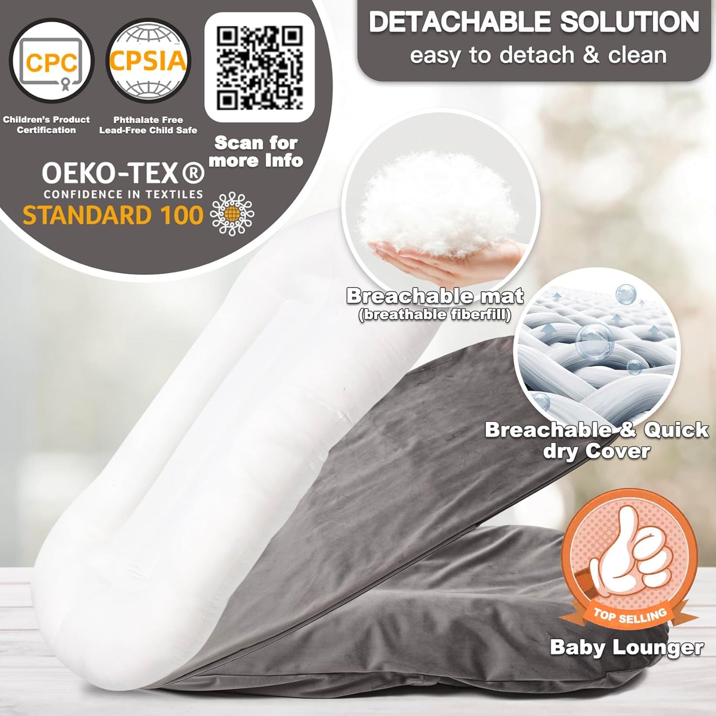 Baby Lounger - Snuggle Cozy Me Infant Lounger for Newborns | Flannel Cover, Breathable Soft, Portable Awake-Time Pad, Essential Baby Gift -Grey