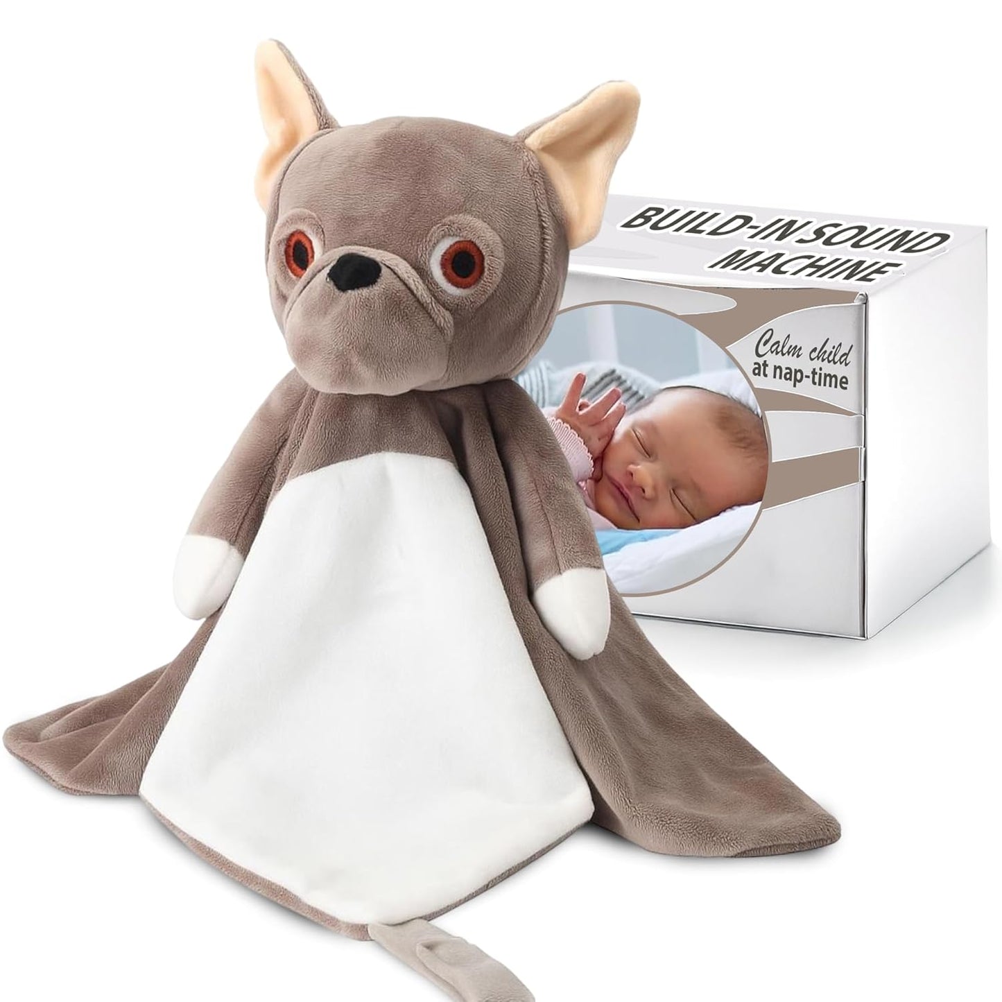 Baby Sleep Soother Taupe Bulldog Plush with Heartbeat & Lullaby Sounds, 4-in-1 Sound Machine, Security Blanket & Pacifier Holder, Baby Registry Essential & Christmas Gift for Newborns & Infants