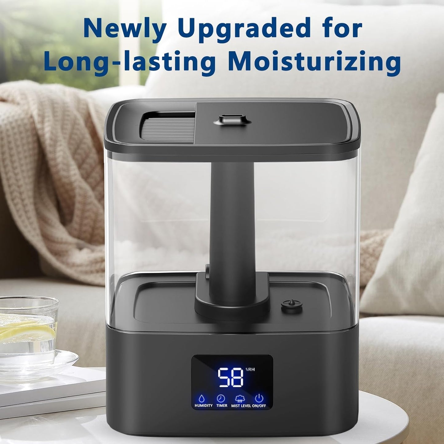 KZF 6L Top Fill Humidifiers for Bedroom & 60H Runtime - Cool Mist Humidifier, 3 Mist Levels, 8H Timer, Essential Oil Tray, Humidity Display, Quiet for Bedroom, Baby, Plants, Large Room
