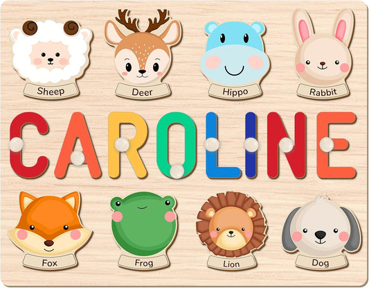 Custom Name Puzzle for Kids Personalized Wooden Animal Puzzles for Toddlers 1-3 Engraved Text on Back, Personalized Baby Gifts Educational Toys for 1 Year Old Girl Gifts for Birthday Baptism