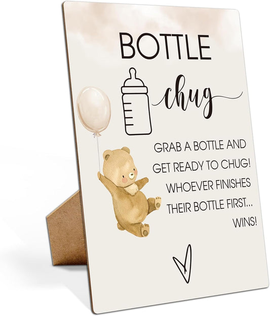 Baby Shower Games Bottle Chug Sign-8x11 Inches Little Bear Wooden Sign Baby Gift for Baby Shower Gender Reveal Party, Gender Neutral Baby Bottle Shower Party Games Favors Supplies-6
