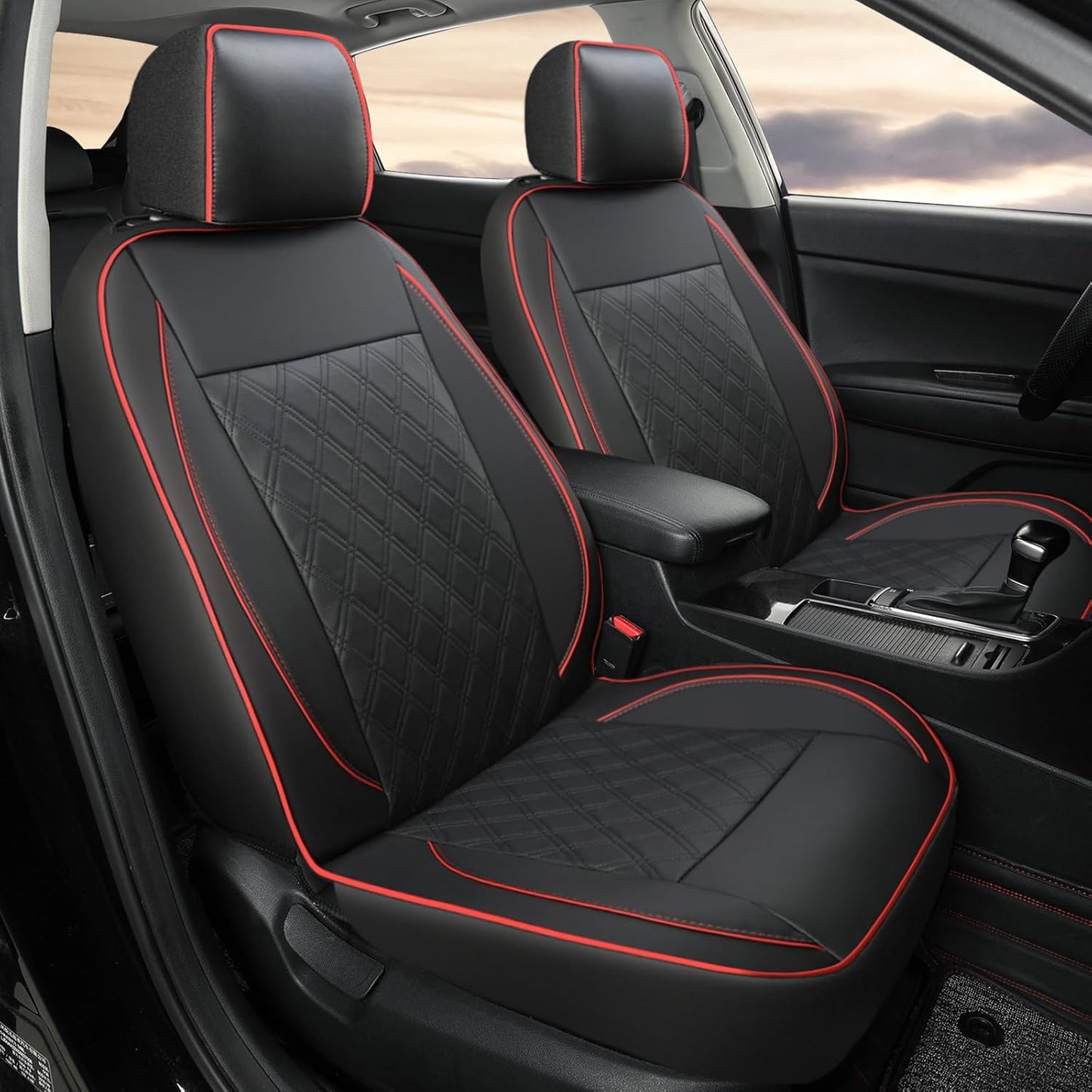 GIANT PANDA Front Car Seat Cover for Kia, Piping Leather Bucket Seat Protectors Waterproof, Custom Fit Kia Sorento Sportage Forte Telluride K5 Seltos Soul Optima Carnival (2 Pack Black+Red Line)