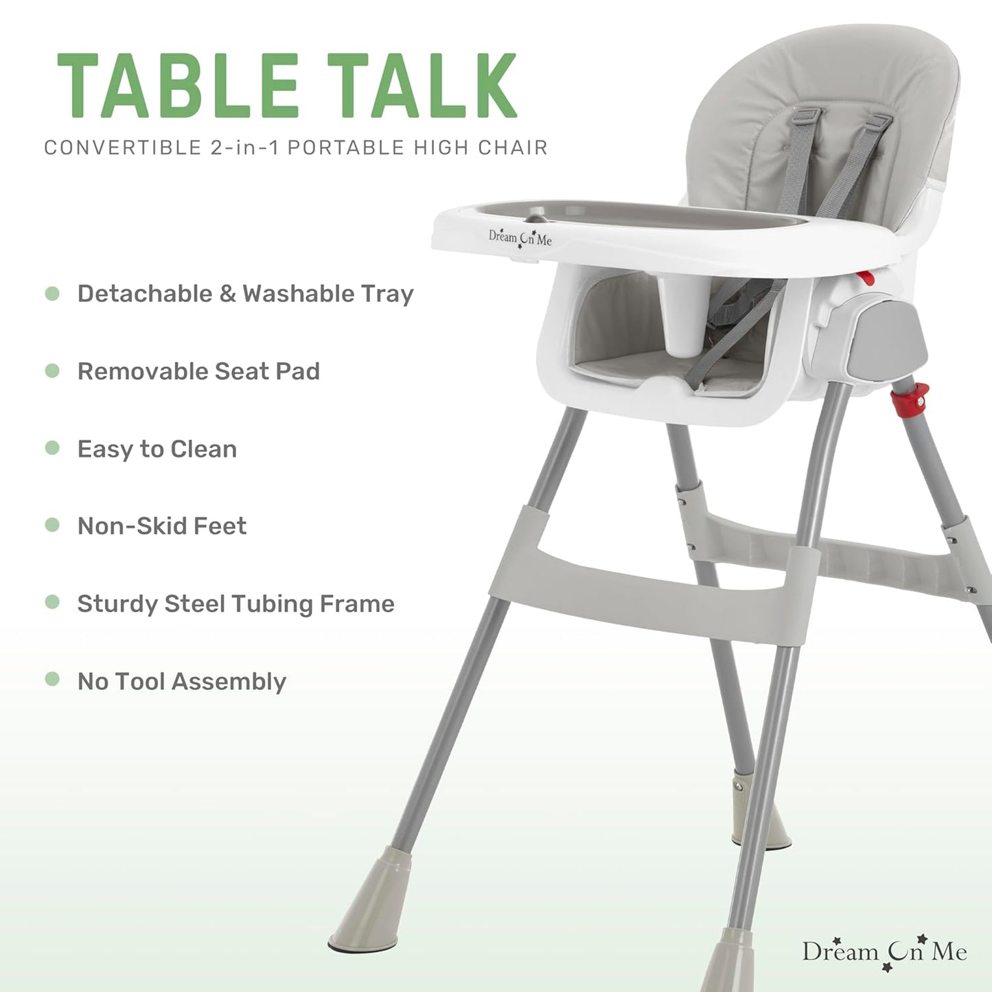 Dream On Me Portable 2-in-1 Tabletalk High Chair, Convertible Compact High Chair, Light Weight Portable Highchair, Grey