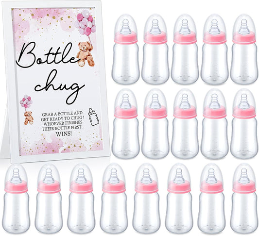 Roowest Bottle Chug Baby Shower Game Favors Including Pink Bear Theme Wooden Sign and 18 Pcs Baby Bottles for Gender Reveal Party Supplies