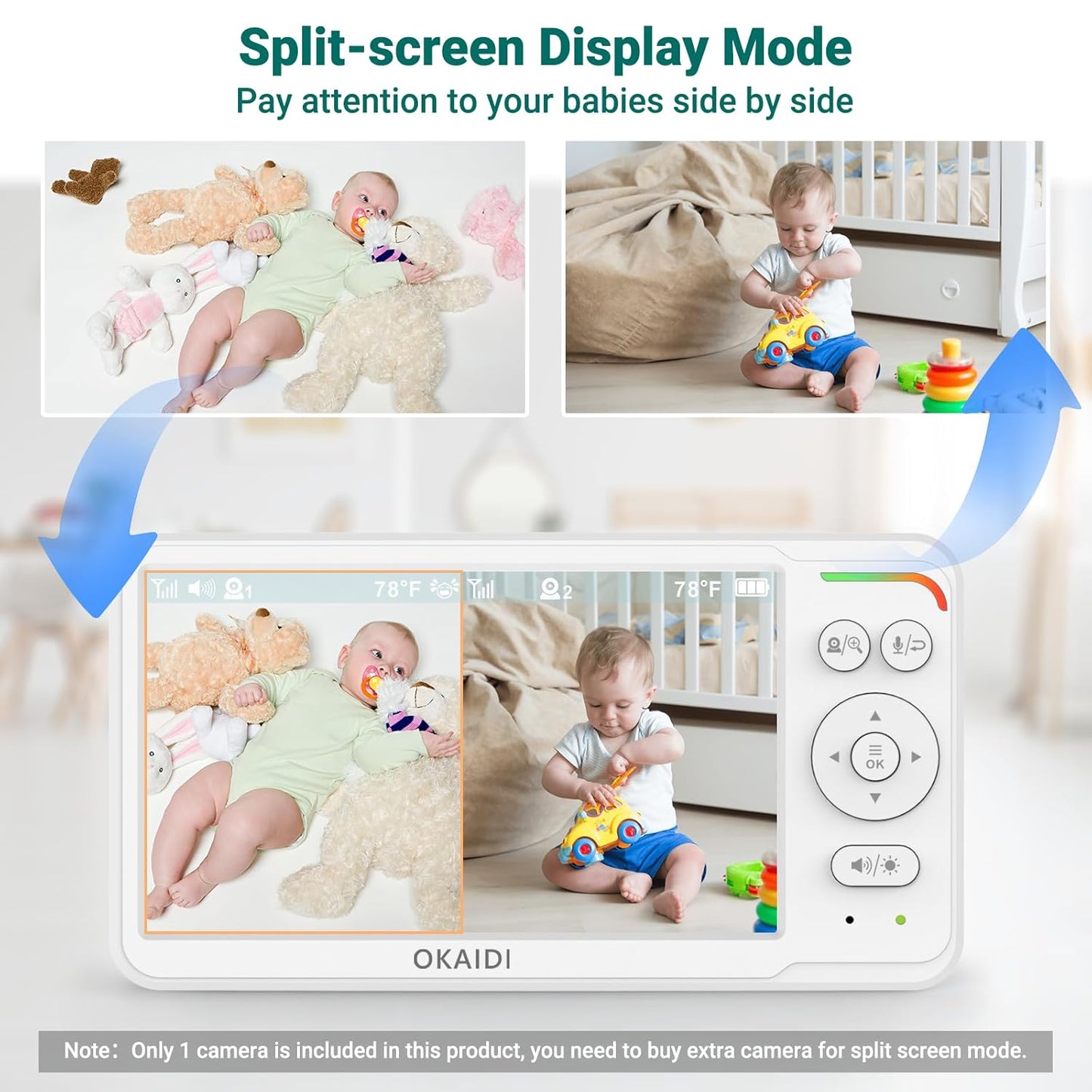 OKAIDI Baby Monitor with 2 Cameras and Audio, Video Baby Monitor with 6'' IPS Split-Screen, 1000ft Baby Camera Monitor with 30-Hour Battery, 150 Languages, ECO Mode, 2-Way Talk, No WiFi