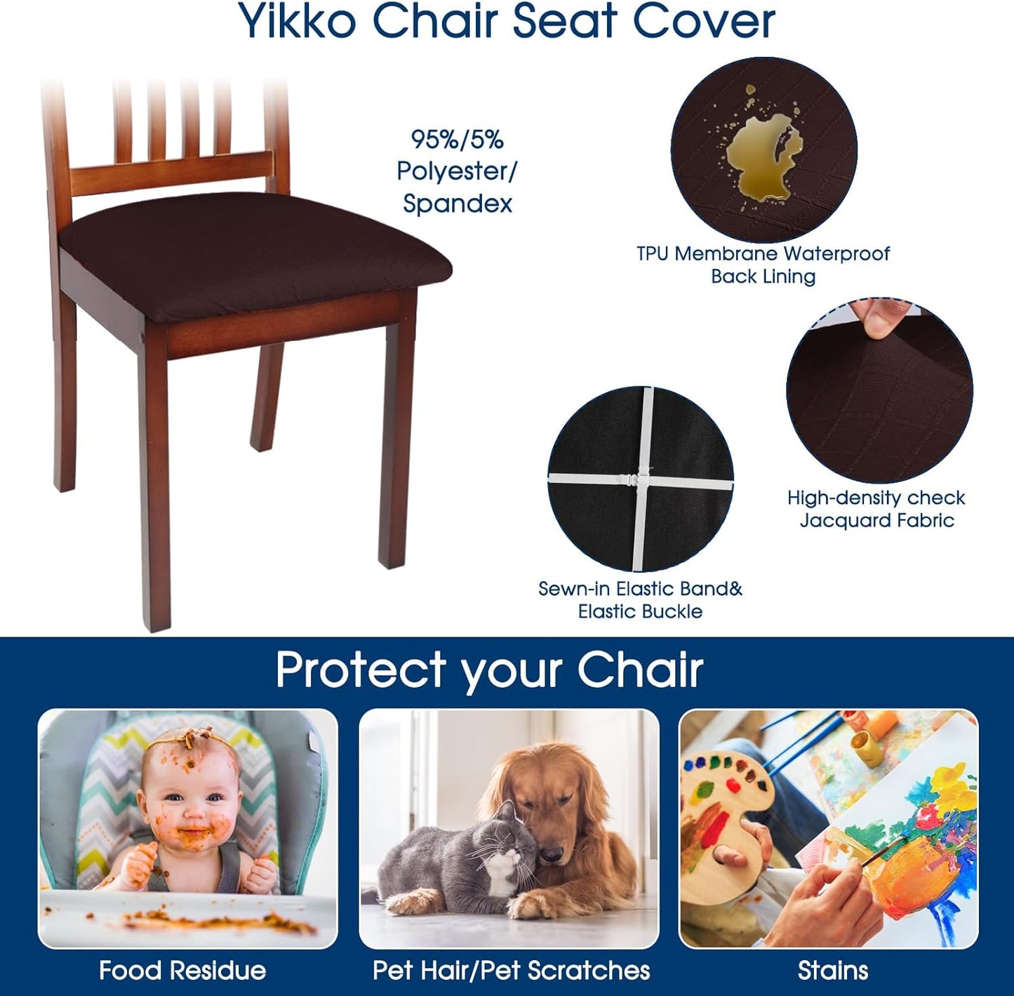 Yikko Chair Seat Covers, High-Density Check Jacquard Ekedalen Seat Covers for Dining Kitchen Restaurant Banquet, Stretch Removable Washable Chair Seat Cushion Protector (2, Reddish Brown)