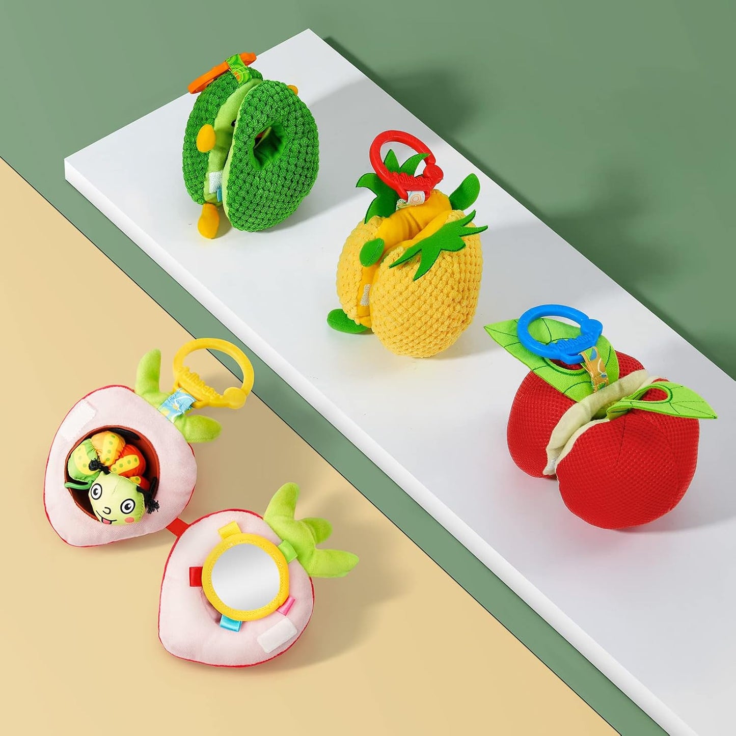 Jollybaby Newborn Plush Stuffed Fruit Rattle Toy for Stroller Car Seat Crib, Montessori Sensory Plush Pineapple Toy with Rattle and Mirro Toy for Baby 0-6-12 Month, Infant Baby Boy & Girl Shower Gift