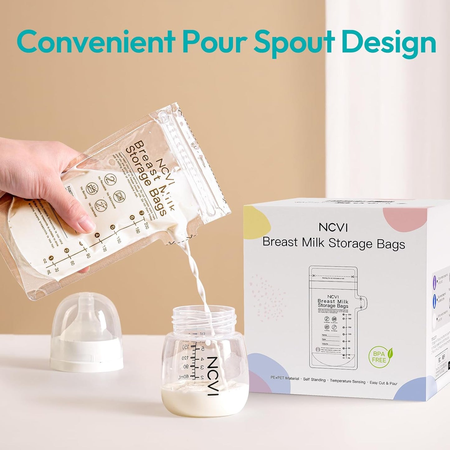 NCVI Breastmilk Storage Bags, 180 Count Milk Storage Bags for Breastfeeding, 7oz Breast Milk Storage Bags with Temp-Sensing, Doubled-Sealed, Hygienically, Self Standing, Easy Pour Spout, BPA Free