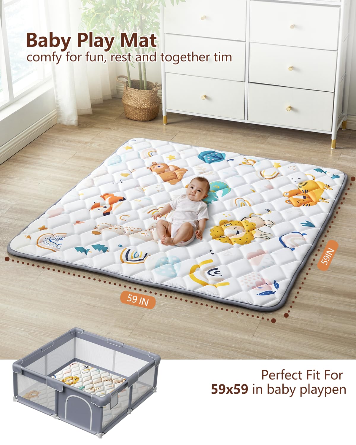 Baby Play Mat 59"x59", Non-Slip Baby Mat for Floor, Soft Thicker Playpen Mat, Portable Playmat, Crawling Mat for Babies, Toddlers & Infants to Play and Learn（Animal）