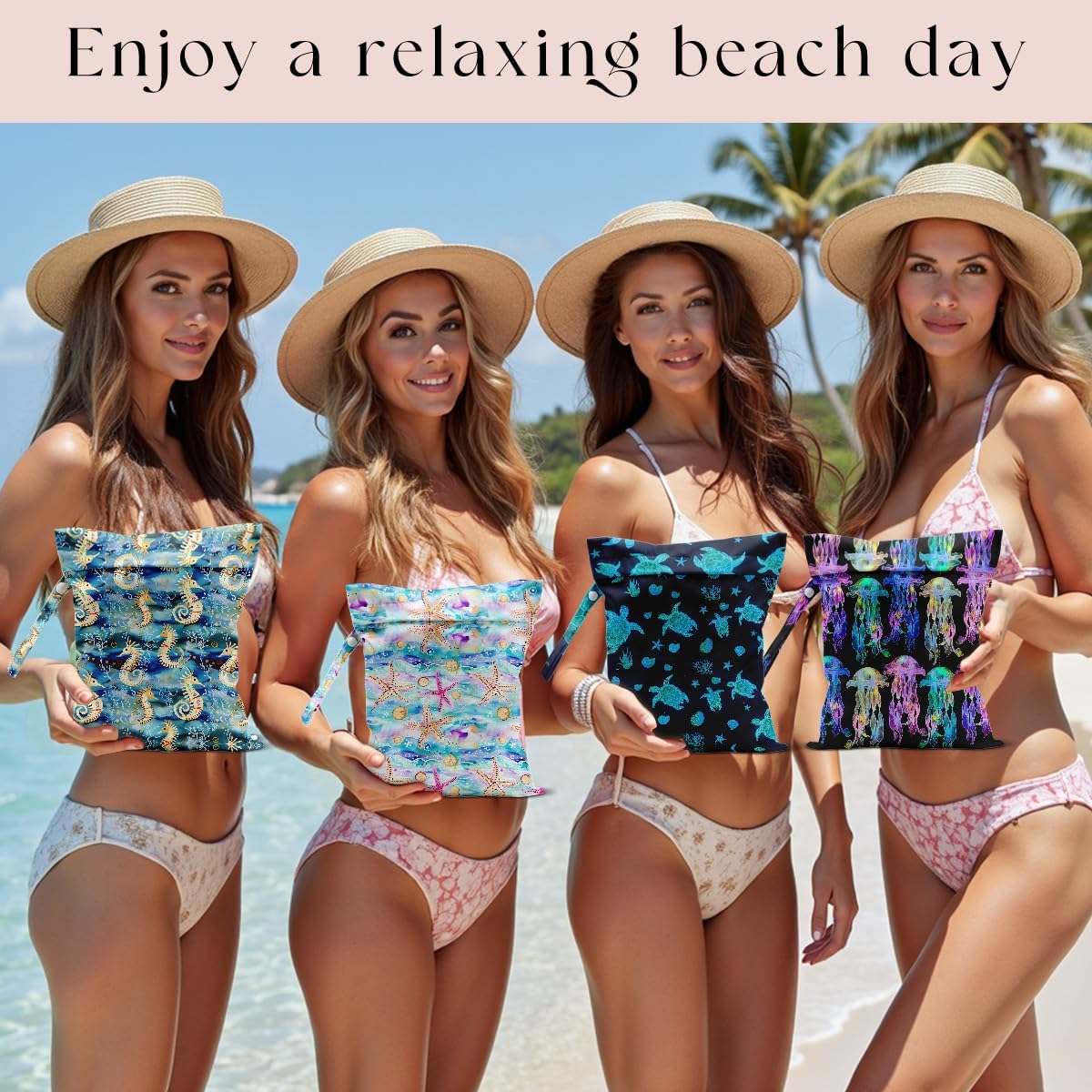 4 Pack Wet Bag for Swimsuit, Beach Travel Essentials Wet Dry Bag, for Sunscreen Toiletry Dirty Clothes Yoga Gym Diaper, Friend Summer Beach Vacation Gifts. Marine Life Theme