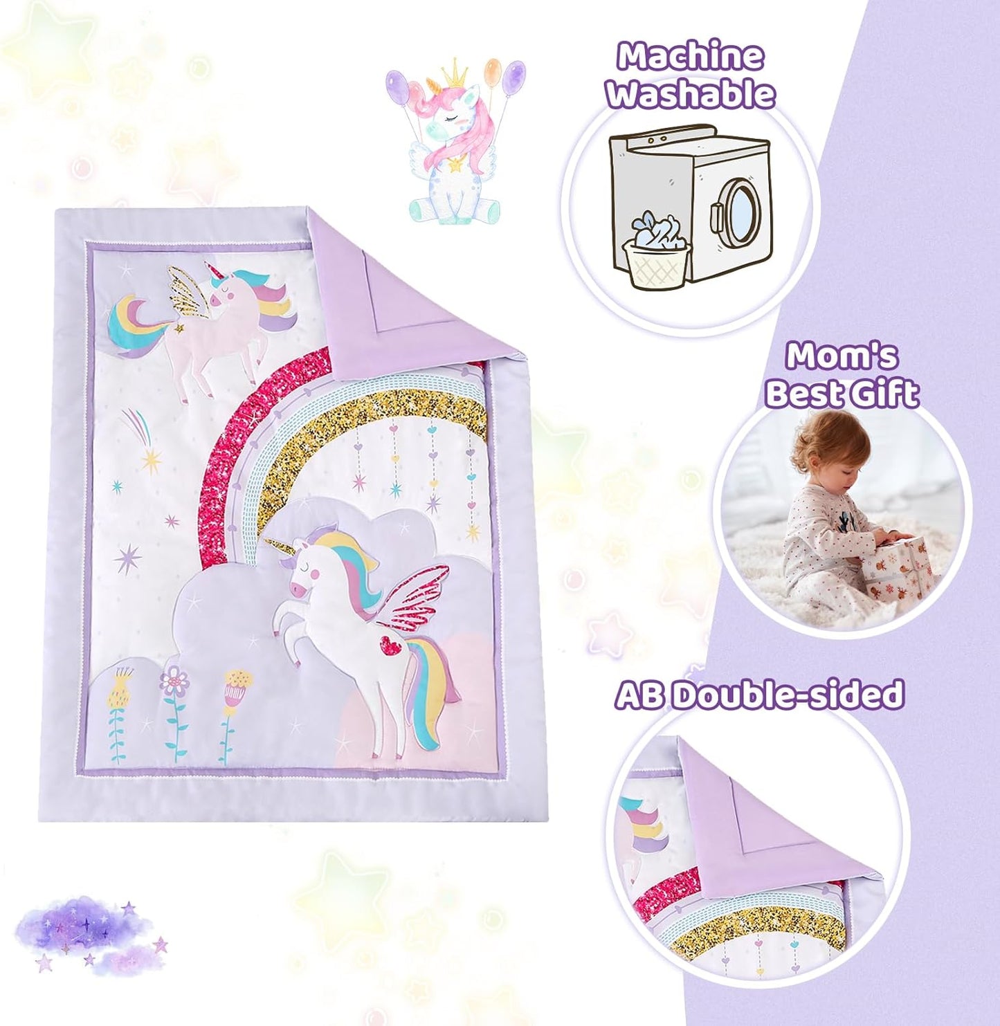 Wowelife Unicorn Crib Bedding Set 3 Pieces Baby Girl Crib Bed Set Crib Comforter Set for Girls Nursery Bedding Set Purple Include Baby Comforter, Skirt and Sheet, Purple