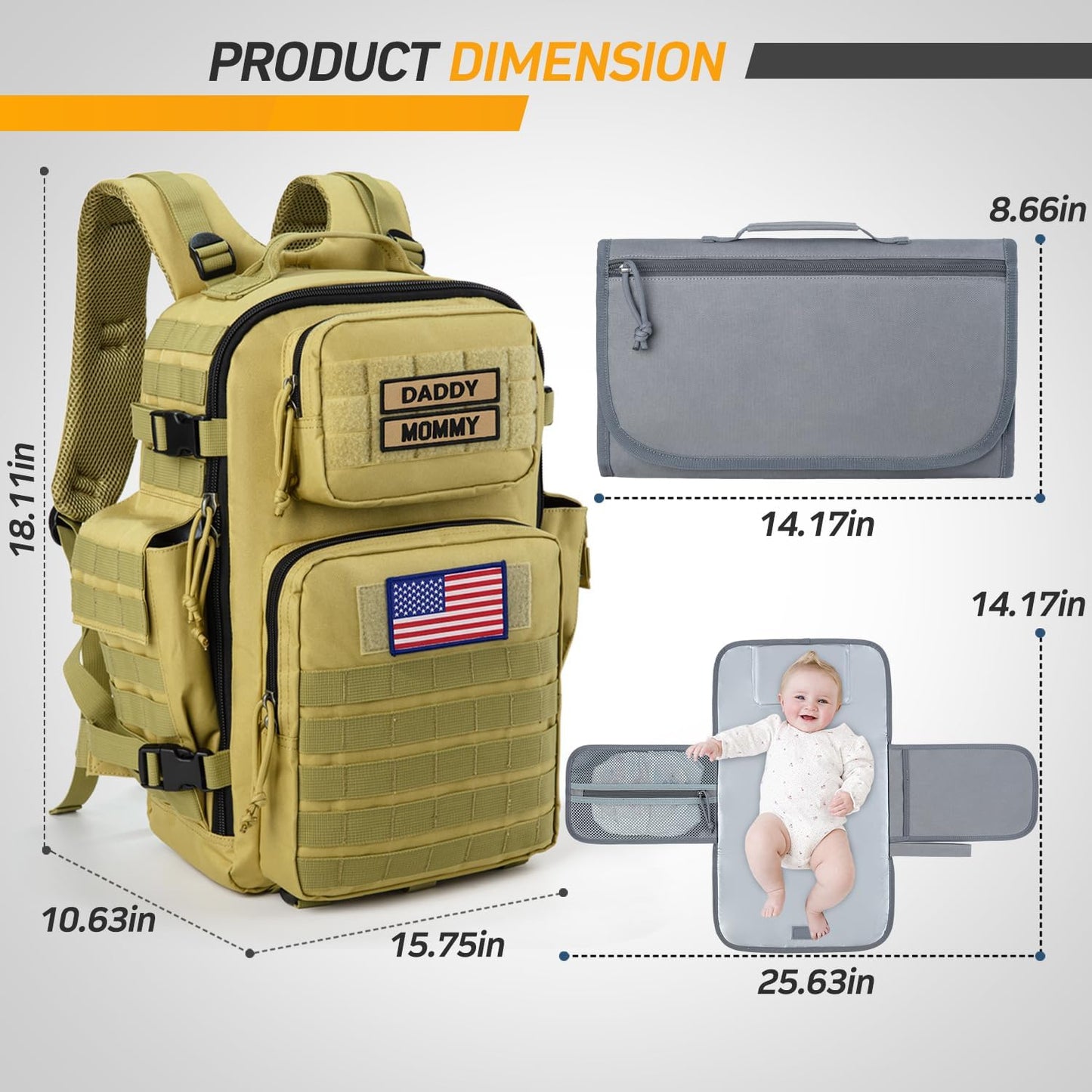 SHARKMOUTH Military Diaper Bag for Baby - Large Baby Backpack with Changing Pad for Boy Girl - Army Dad Diaper Bag for Hiking Travel Camping Trips Tan