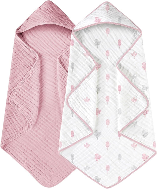 Yoofoss Hooded Baby Towels for Newborn 2 Pack 100% Muslin Organic Cotton Baby Bath Towel with Hood for Babies, Infant, Toddler and Kids, 32x32Inch, Soft and Absorbent Newborn Essential,Pink&Wh Leaf