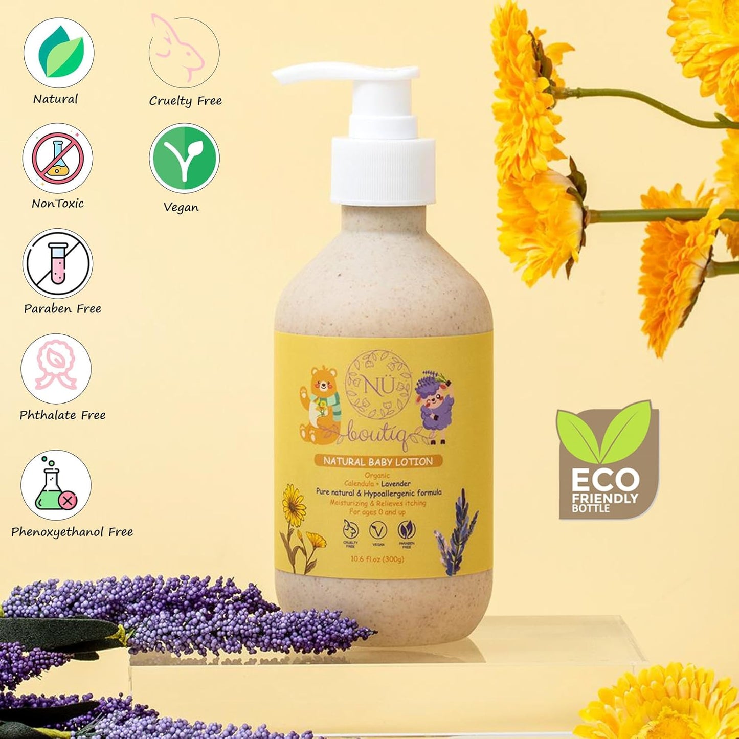 Organic Vegan Baby Lotion – Calendula & Lavender for Gentle Moisturizing Sleep-Time Moisture, Newborns & All Skin Types Eco-Friendly Biodegradable Bottle - 10.6 Fl Oz