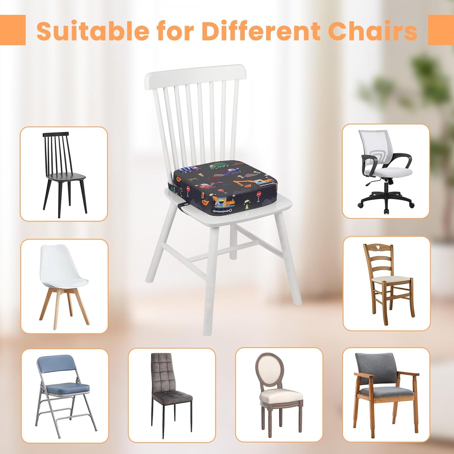 Toddler Booster Seat for Dining Table, Kids Booster Seat for Kitchen Chair with Non-Slip Bottom, Portable Detachable Washable Increasing Cushion with 2 Adjustable Straps (Excavator)