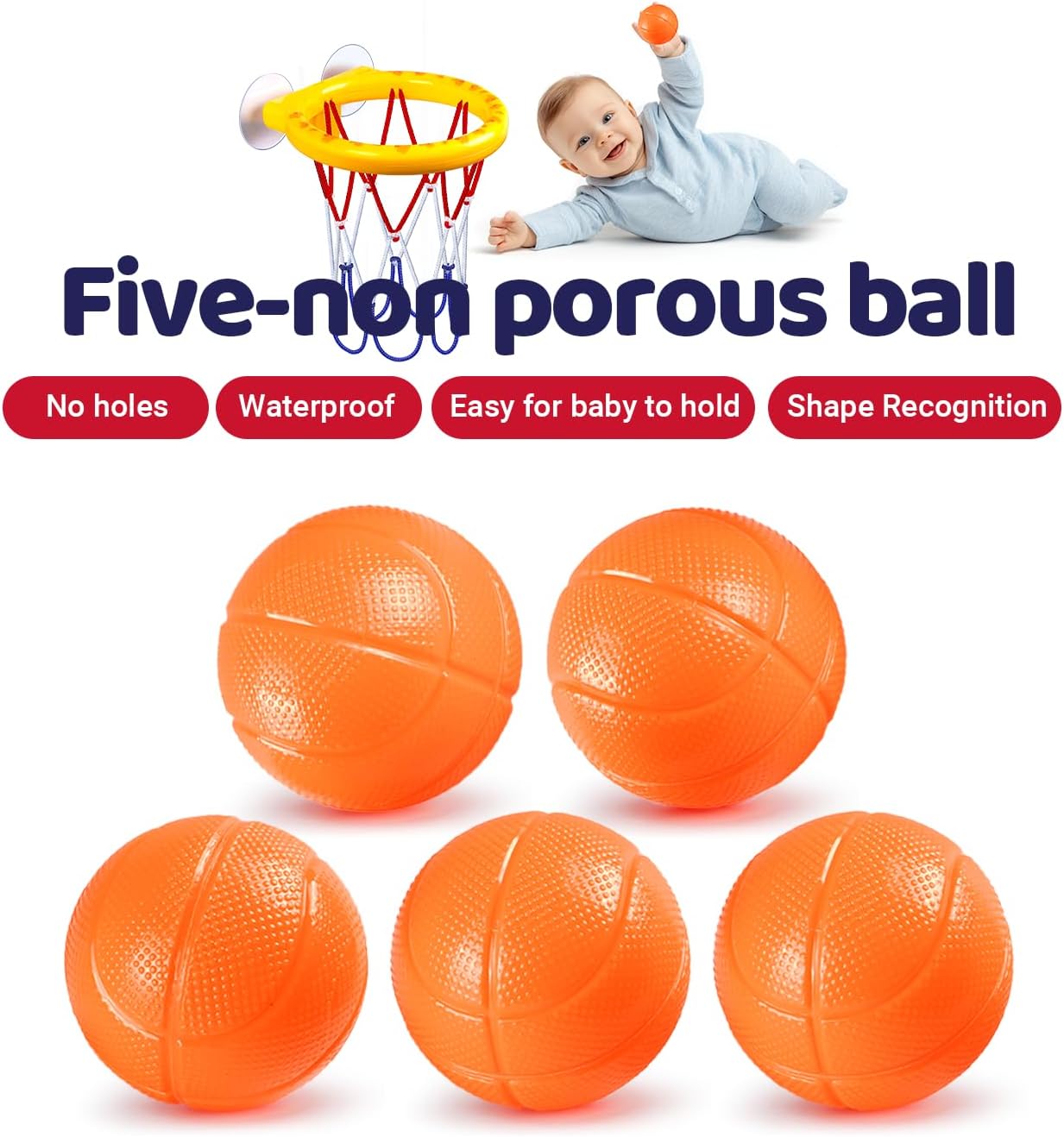 Bath Toys, Bathtub Basketball Hoop for Toddler Kids - 5 Soft No-Hole Balls, Yellow Duck Cartoon Style with Strong Suction Cups, Baby Shower Toy Set for Boys & Girls, Gift-Ready