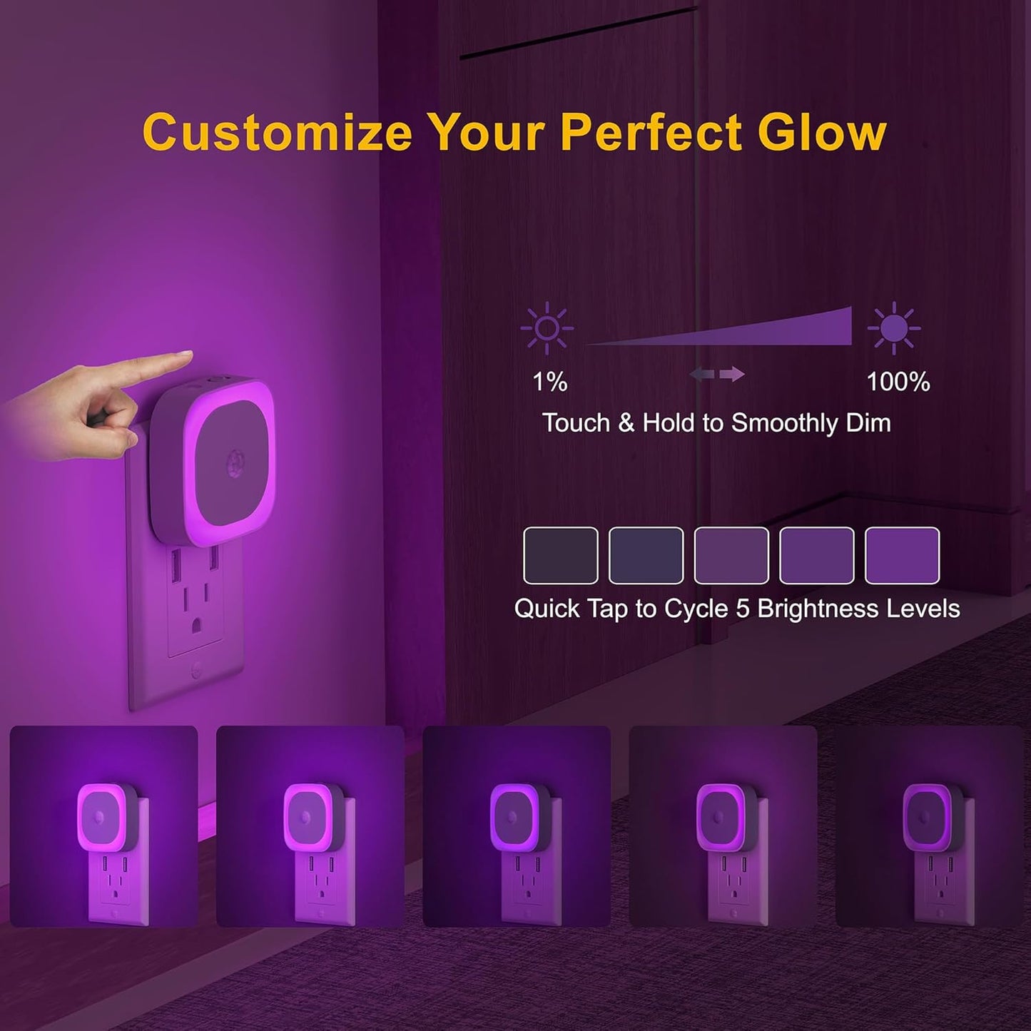 2 Pack Plug in Night Light with Motion Sensor & Dusk to Dawn Sensor, 3 Sensor Modes, Purple Night Lights Plug into Wall, Dimmable Calming Glow for Meditation, Relaxation, Bathroom, Bedroom