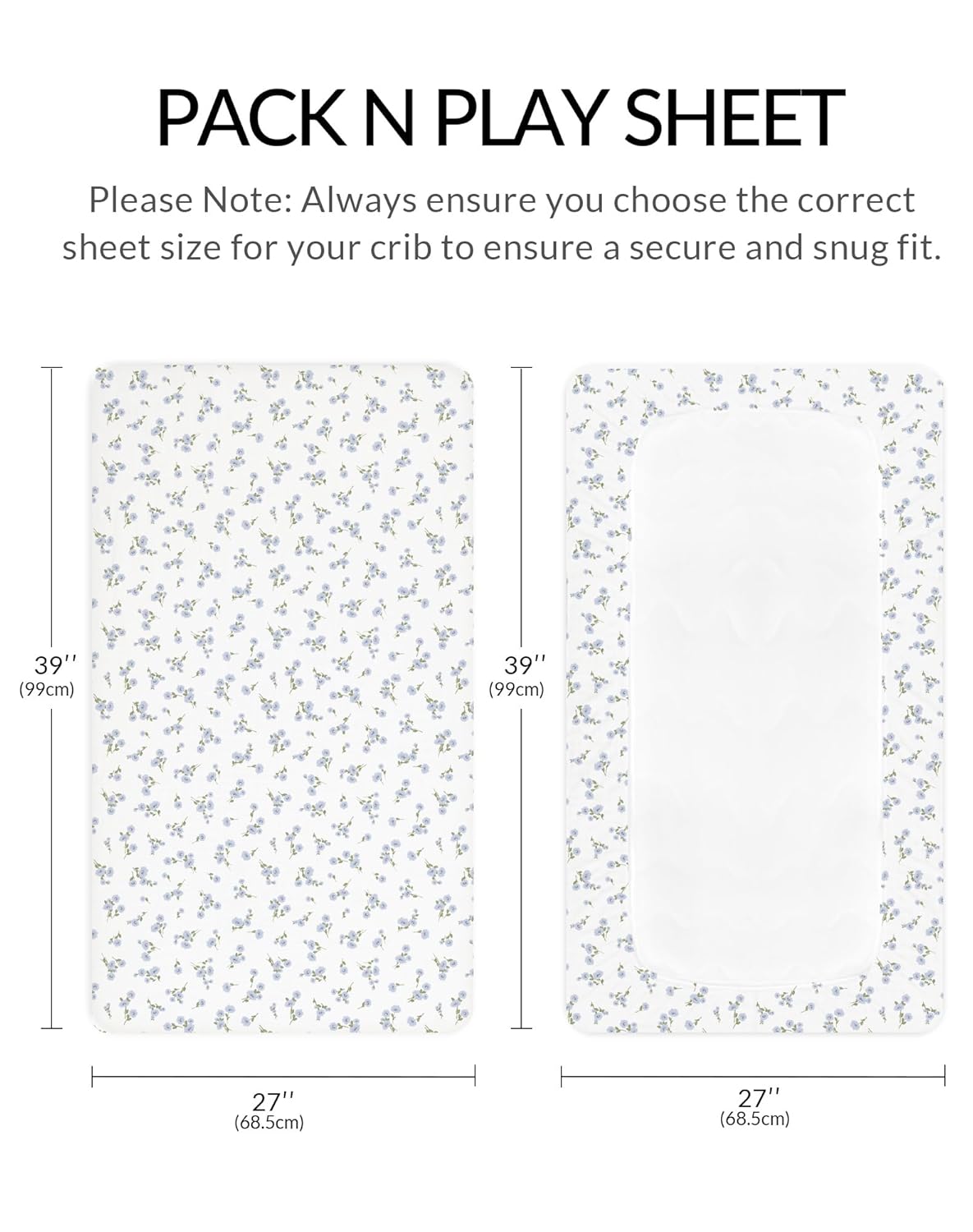 Pack and Play Sheets for Baby Boy and Girl 2 Pack, Neutral Muslin Cotton Pack N Play Mattresses Sheet 27"x39", Muslin Nursery Bedding Soft and Breathable Comfort (Bluebell Bloom & Light Blue)