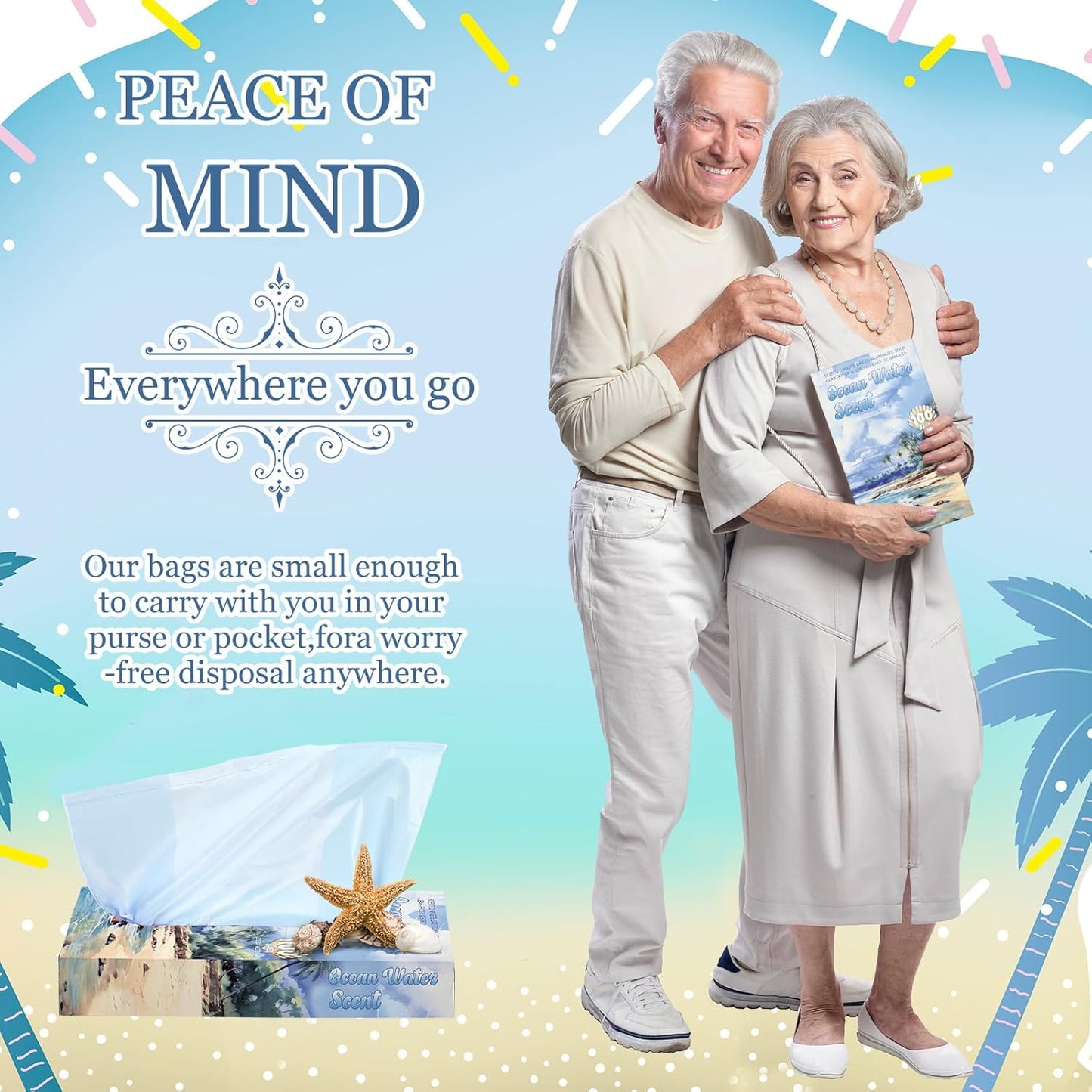 200 Count Ocean Water Scented Small Trash Bags Small Diaper Baggies for Adult Briefs Feminine Hygiene Baby Diaper Disposable Bags Pet Waste Sacks with Easy-to-tie Tabs