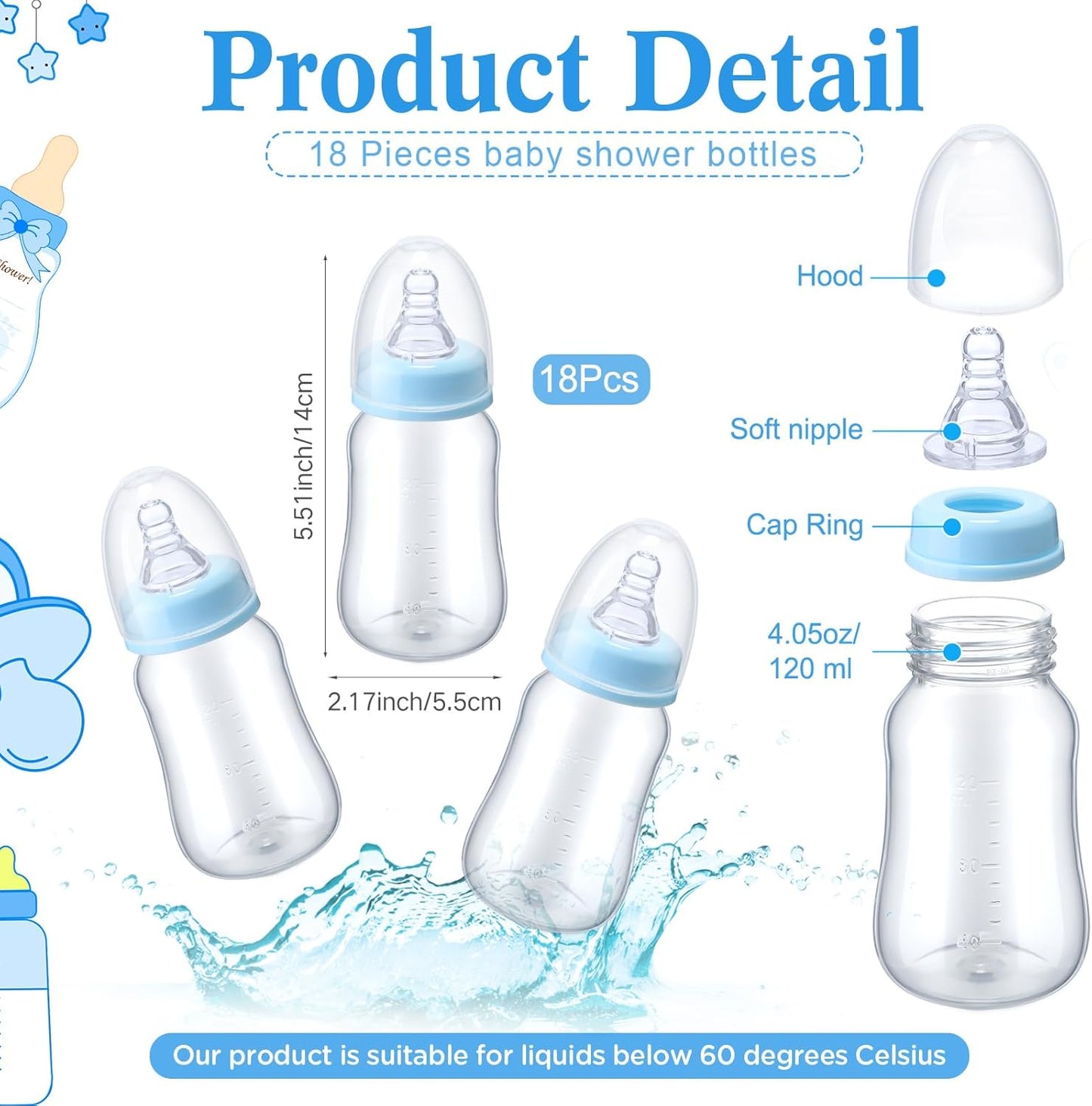 Roowest Bottle Chug Baby Shower Game Favors Including 18 Pcs Feeding Bottles with 1 Sun Theme Bottle Chug Wooden Sign for Gender Reveal Baby Shower Party Supplies