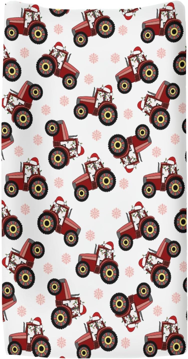 Red Tractors Snowflakes Baby Changing Pad Covers for Boy Girl Christmas Farm Tractor Harvest Fitted Change Table Cover Mats Farmhouse Trucks Vehicle Soft Diaper Changing Table Sheets 32''×16''