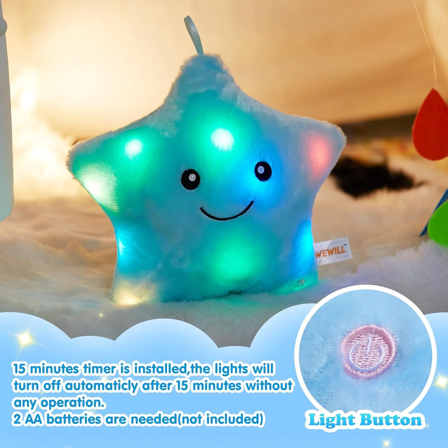 WEWILL 9'' LED Twinkle Star Soft Plush Pillow Toys Glowing Stuffed Star Light up Pillow Plush with Colorful Night Lights Birthday Gift for Toddler Kids(Blue)