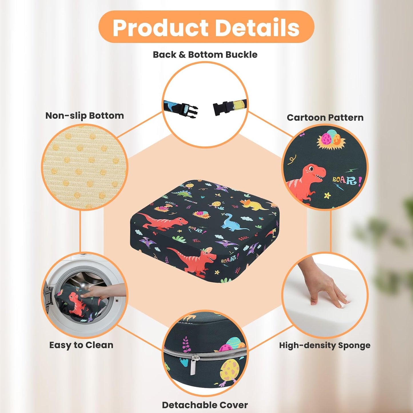 Toddler Booster Seat for Dining Table, Kids Booster Seat for Kitchen Chair with Non-Slip Bottom, Portable Detachable Washable Increasing Cushion with 2 Adjustable Straps (Dinosaur)