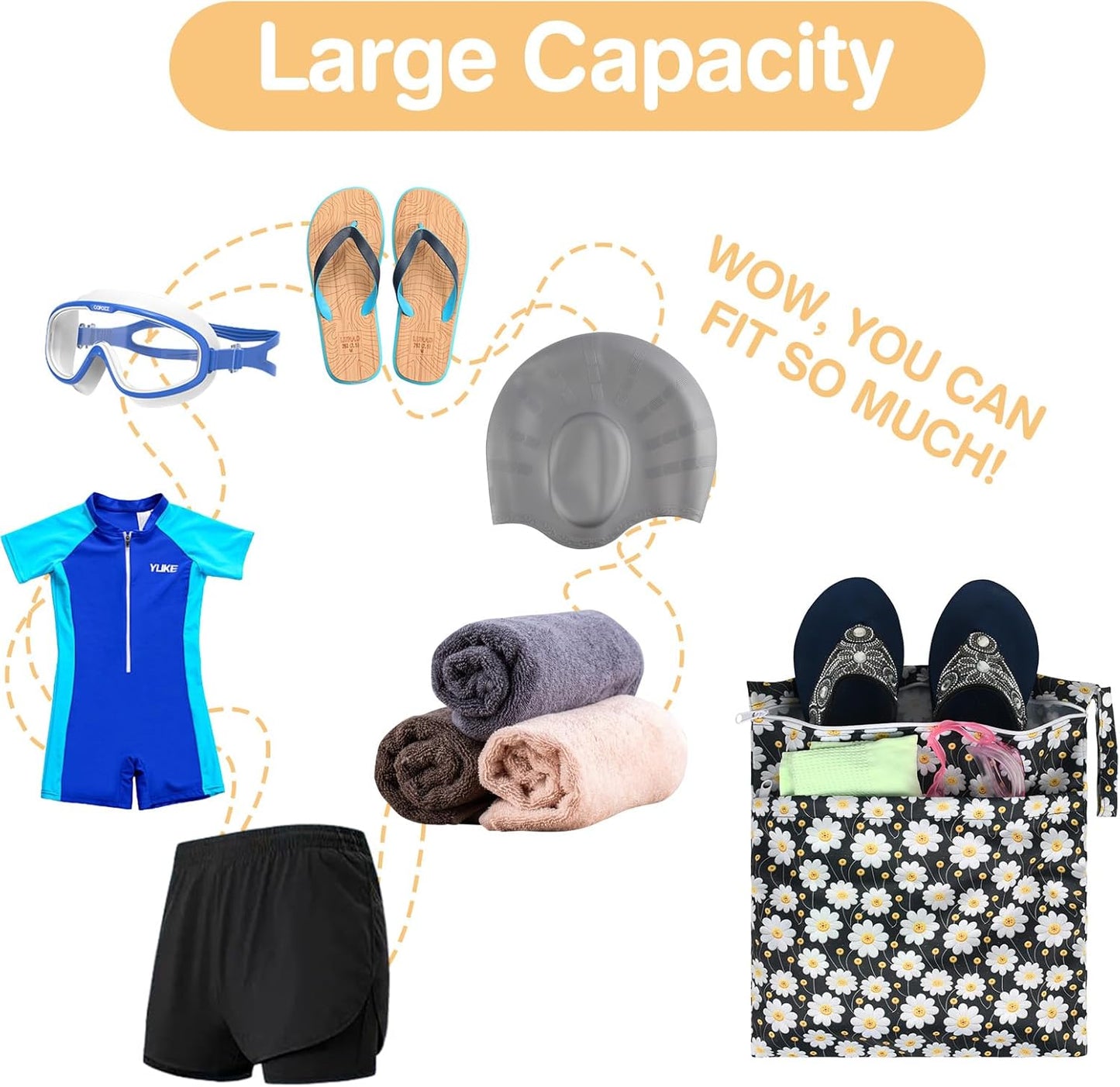Wet Dry Bags 2 Pack,Waterproof Reusable Travel Bags for Swimsuits,Baby Cloth Diapers,Beach,Pool,Gym Bag & Wet Clothes with 2 Pockets -Daisy