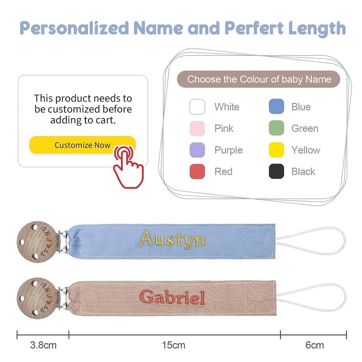 TYRY.HU Personalized Pacifier Clip with Name, Embroidery Ribbon Pacifier Holder for Baby Girls and Boys, Neutral Pacifier Leash Universally Fit All Pacifiers & Baby Toys, 2 Pack Baby Gift(Khaki, Blue)