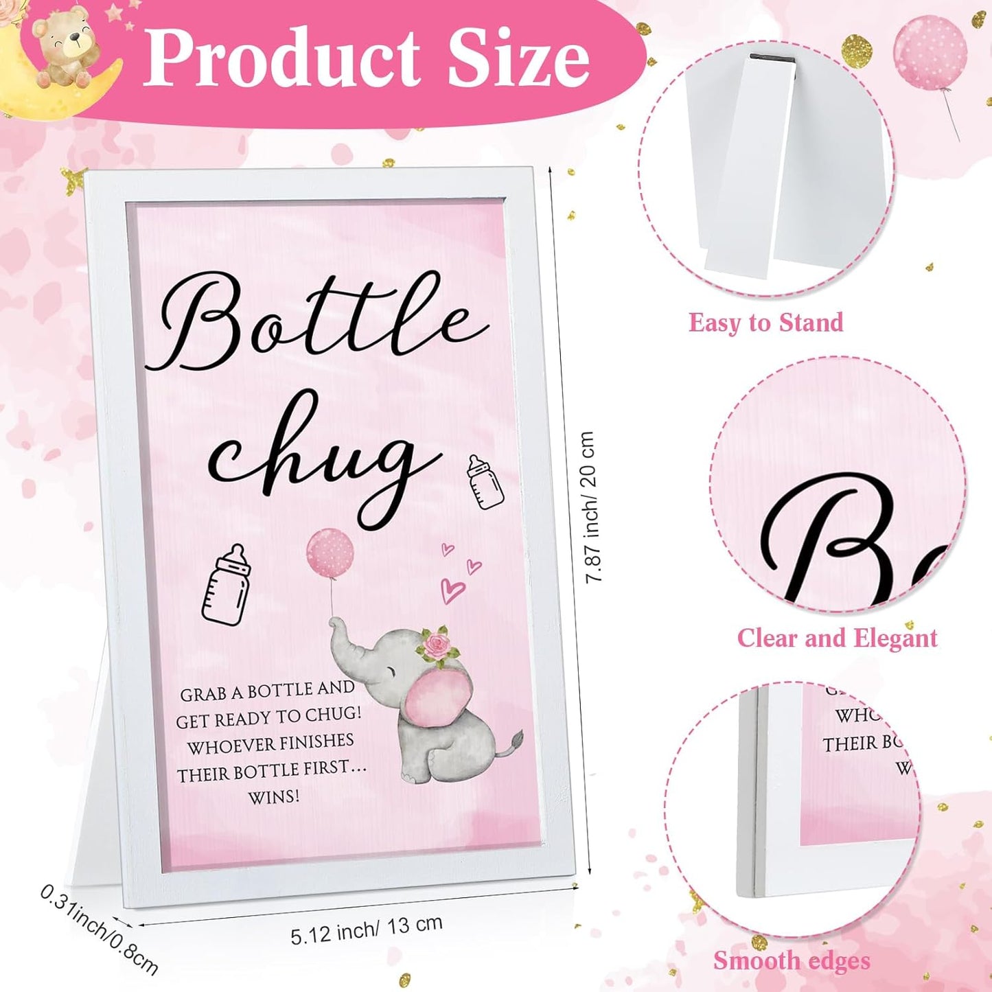 Roowest Bottle Chug Baby Shower Game Favors Including Pink Elephant Theme Wooden Sign and 18 Pcs Baby Bottles for Gender Reveal Party Supplies