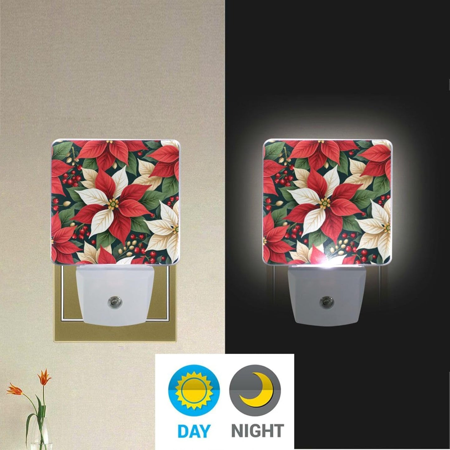 Aslsiy Night Light for Kids Red White Poinsettias Holly Leaves (5) Plug in Wall Lamp LED Dusk to Dawn Sensor Energy Saving Nightlight for Boys Girls Men Women